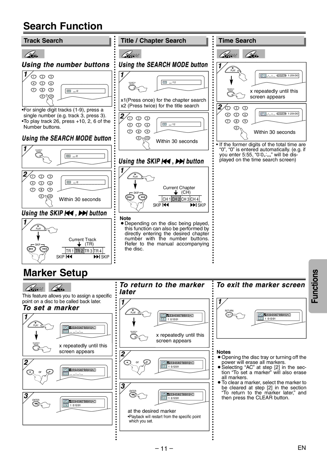 Symphonic SD200E owner manual Search Function, Marker Setup 