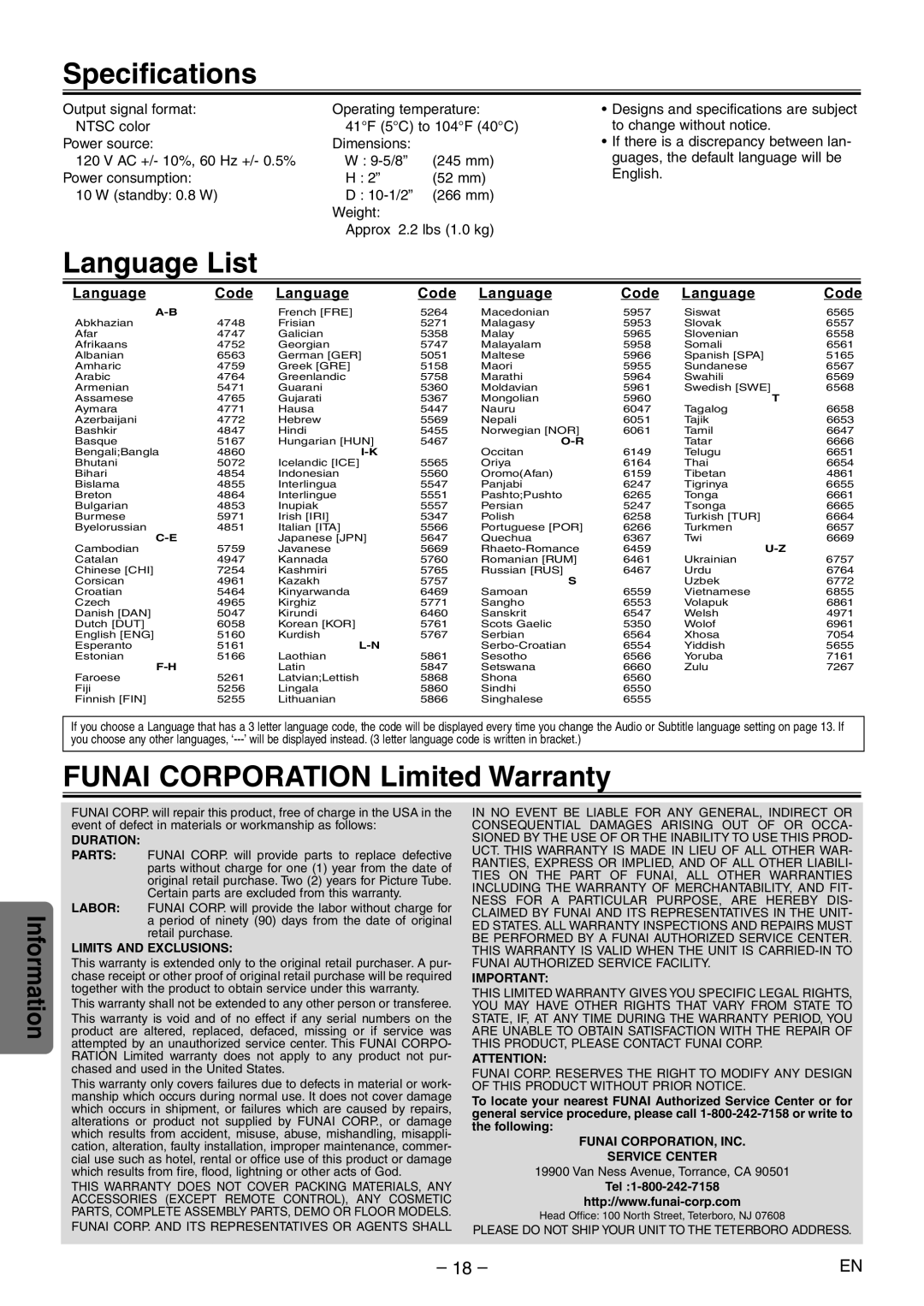 Symphonic SD200E owner manual Specifications, Language List, Funai Corporation Limited Warranty, Language Code 