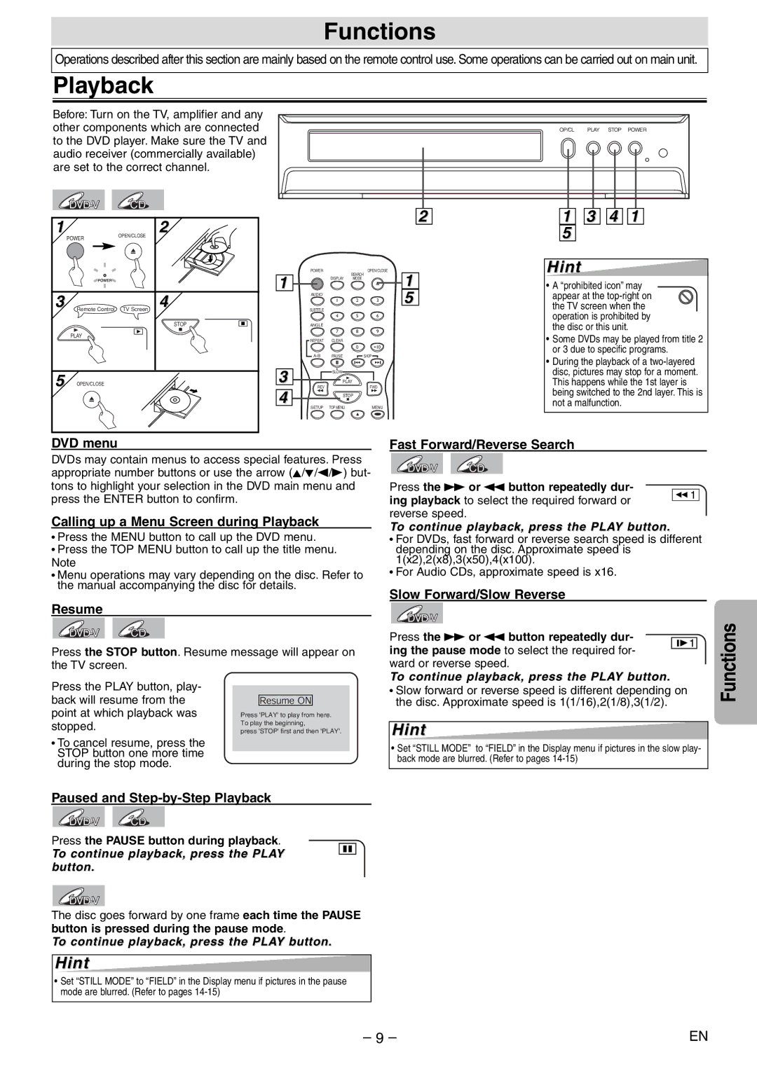 Symphonic SD200E Functions, Playback, Press the g or h button repeatedly dur, Press the Pause button during playback 