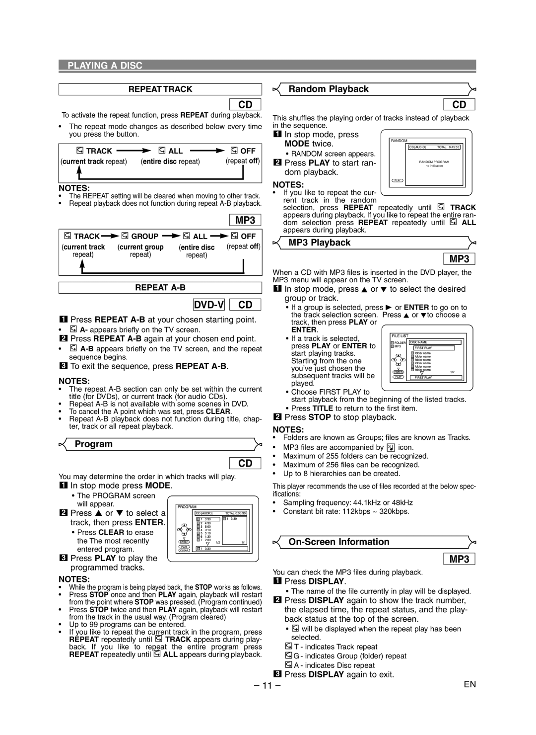 Symphonic SD300D owner manual Random Playback, Program, MP3 Playback, On-Screen Information 