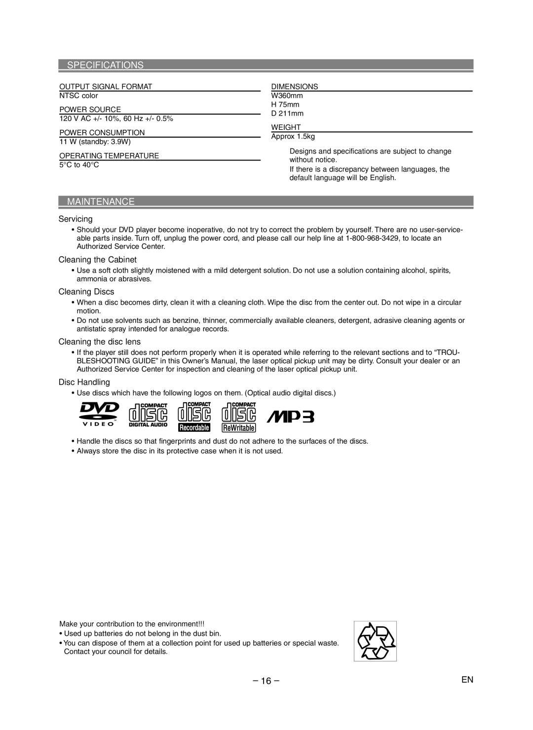 Symphonic SD300D owner manual Specifications, Maintenance 