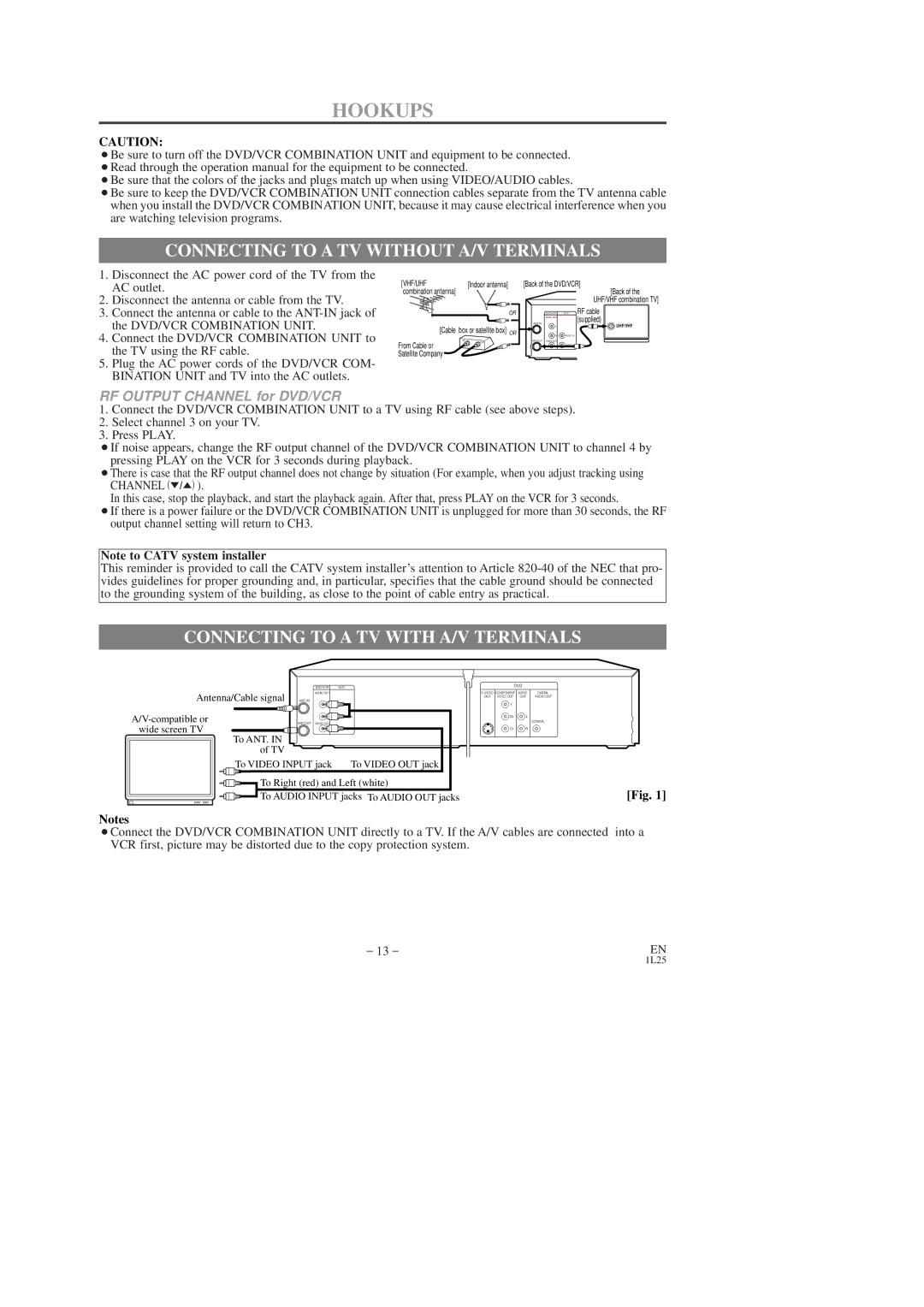 Symphonic SD7S3 owner manual Hookups, Connecting to a TV Without A/V Terminals, Connecting to a TV with A/V Terminals 