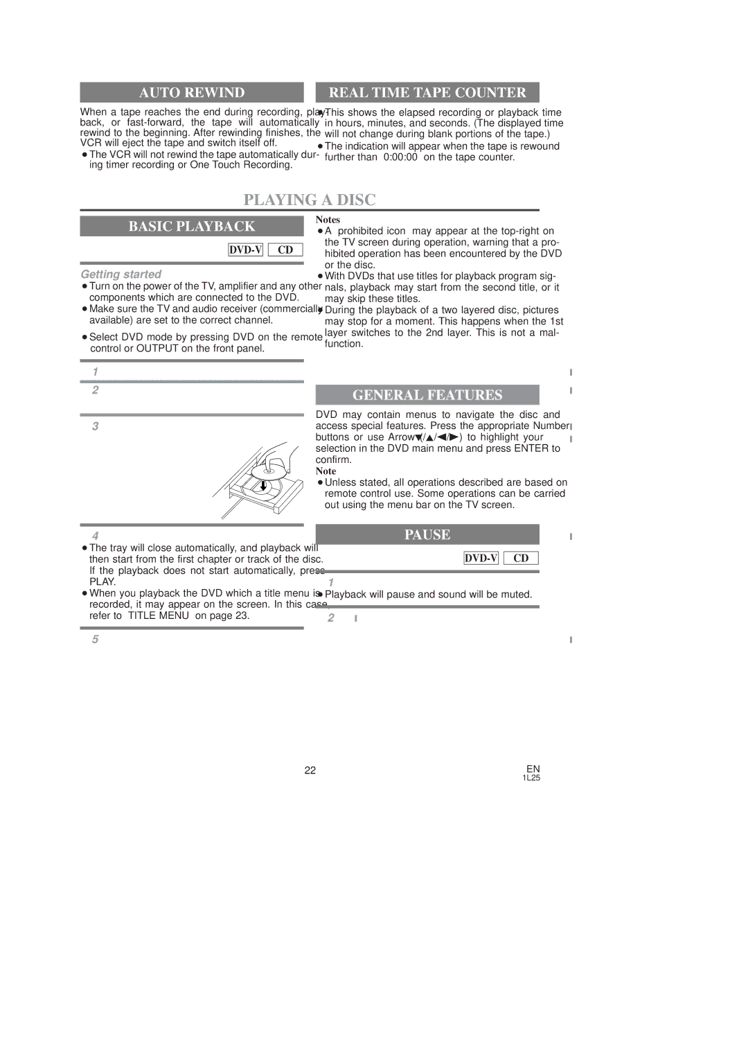 Symphonic SD7S3 owner manual Playing a Disc, Auto Rewind, Basic Playback, General Features, Pause 