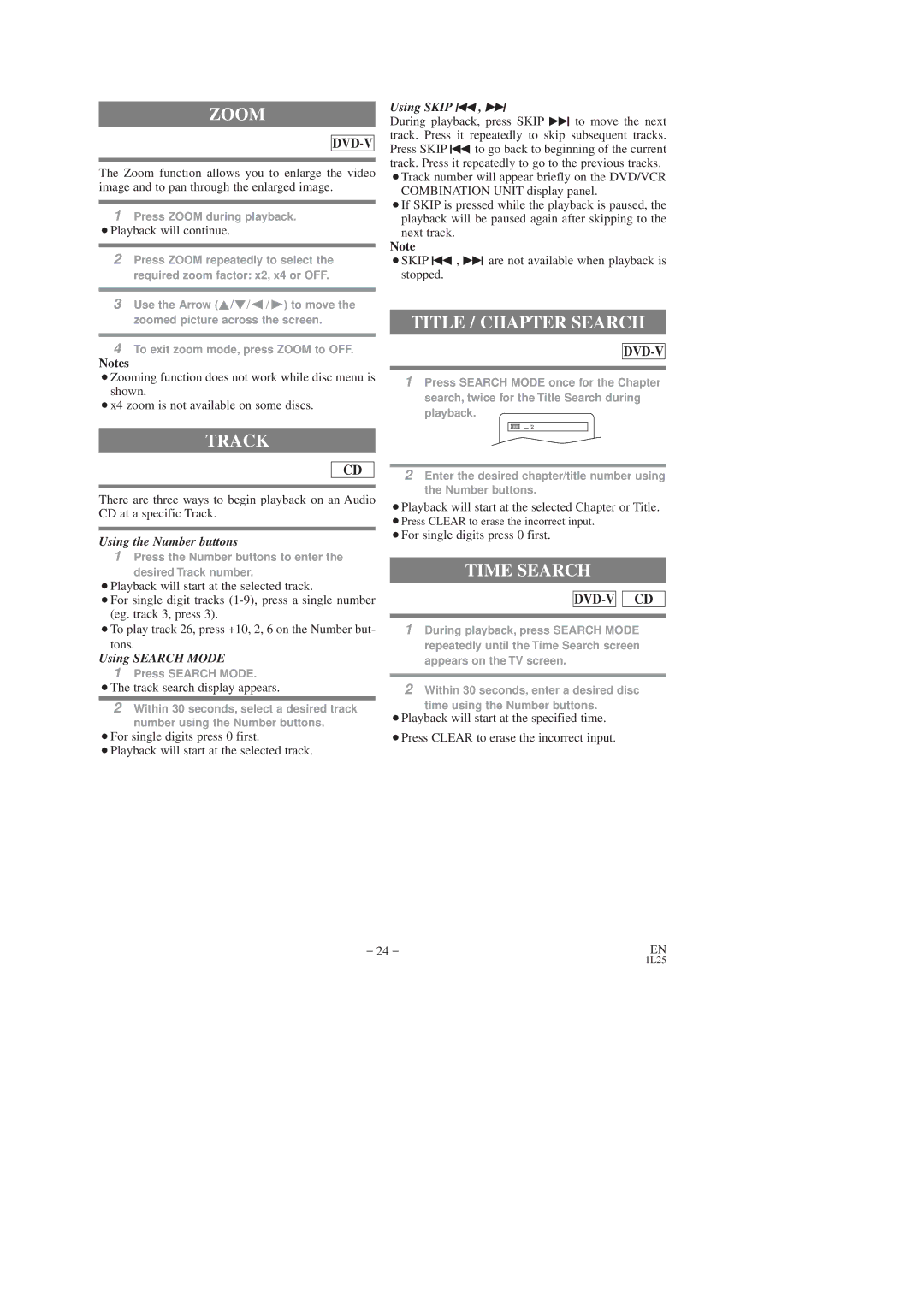 Symphonic SD7S3 owner manual Zoom, Track, Title / Chapter Search, Time Search 