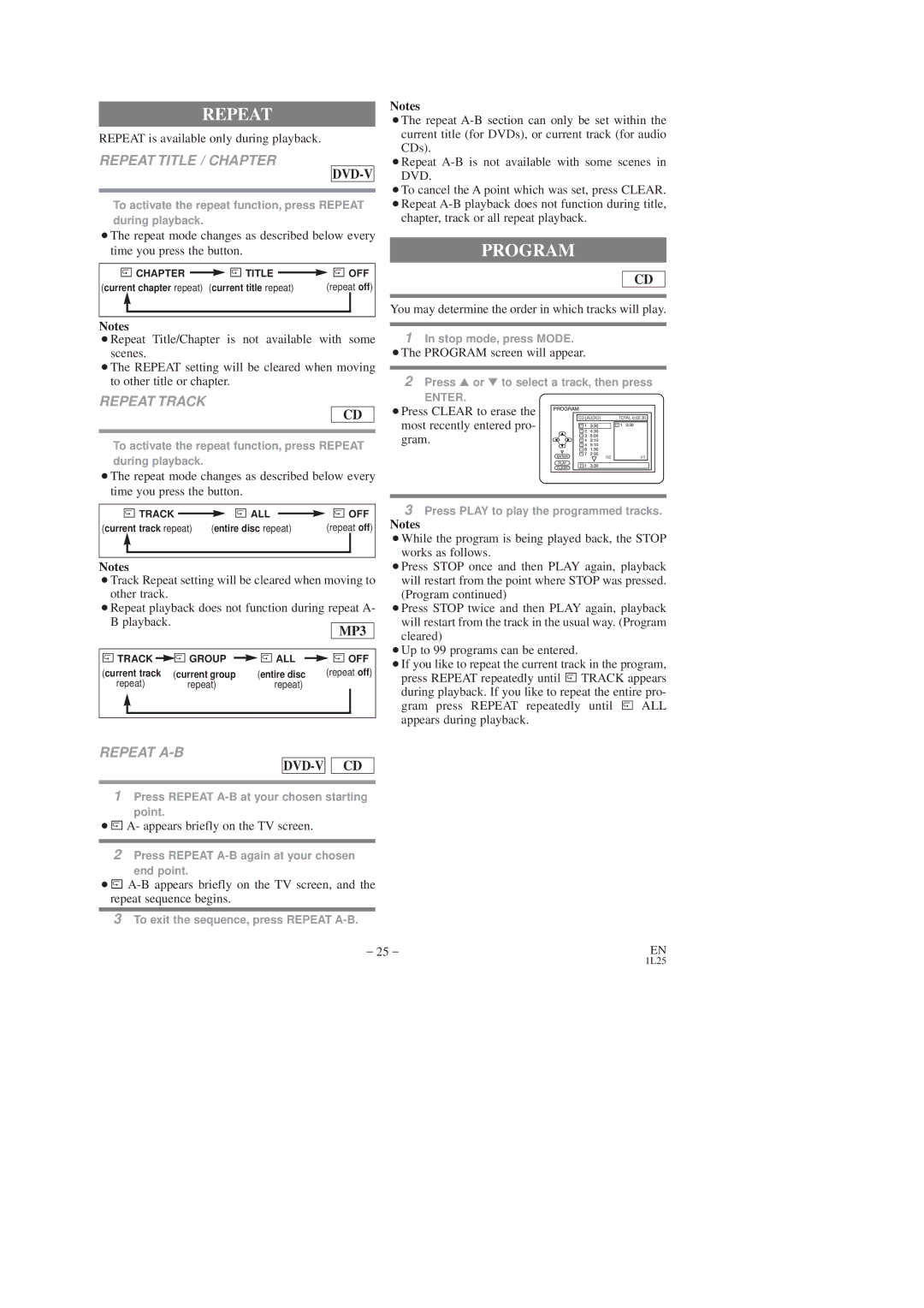 Symphonic SD7S3 owner manual Program, Repeat Title / Chapter, Repeat Track, Repeat A-B 