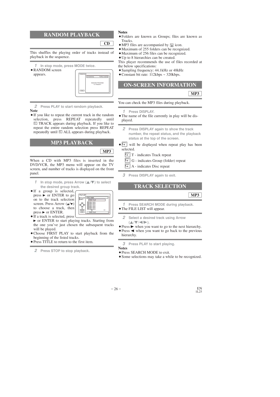 Symphonic SD7S3 owner manual Random Playback, ON-SCREEN Information, Track Selection 