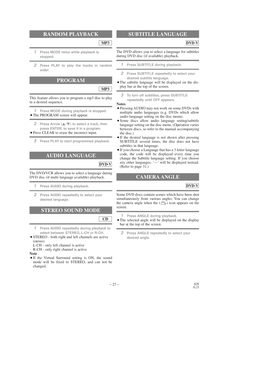 Symphonic SD7S3 owner manual Subtitle Language, Audio Language, Stereo Sound Mode, Camera Angle 