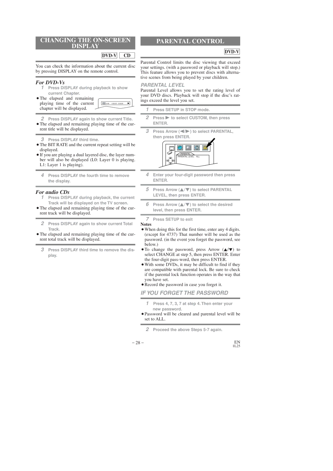 Symphonic SD7S3 owner manual Changing the ON-SCREEN Display, Parental Control, Parental Level, Chapter will be displayed 