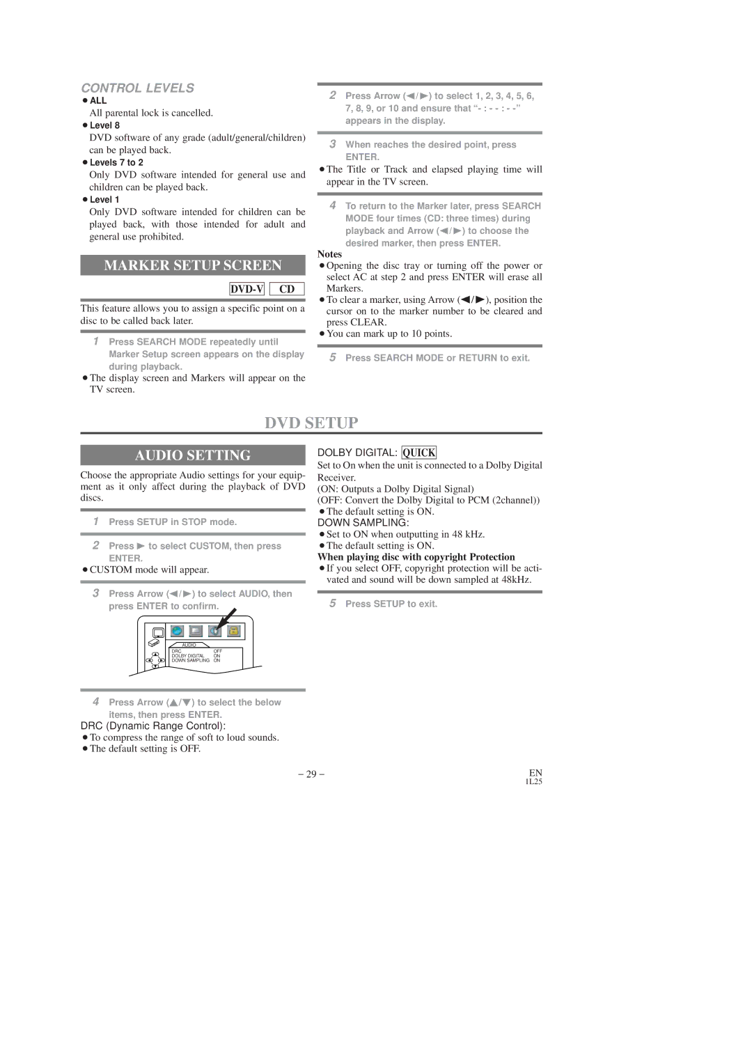 Symphonic SD7S3 owner manual DVD Setup, Marker Setup Screen, Audio Setting, When playing disc with copyright Protection 