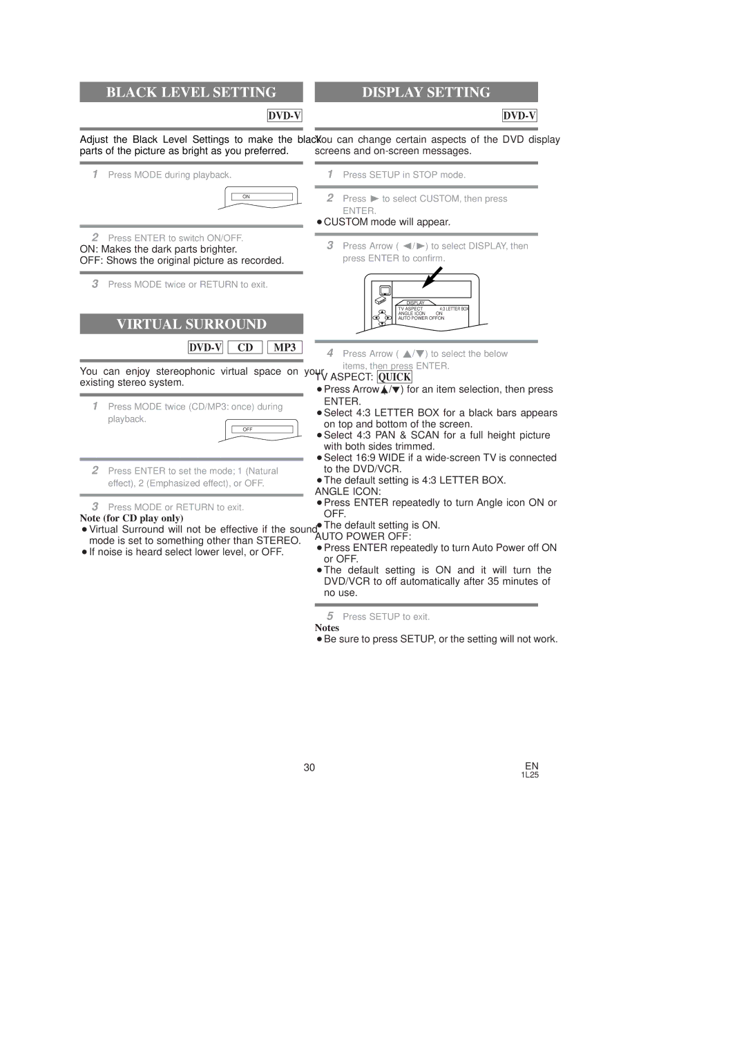 Symphonic SD7S3 Black Level Setting, Display Setting, Virtual Surround, ¡Press Arrow K/L for an item selection, then press 