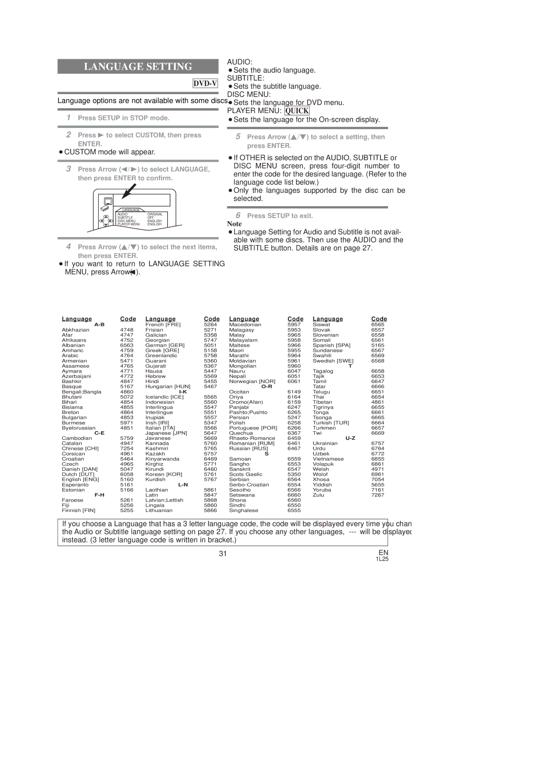 Symphonic SD7S3 Language Setting, ¡Sets the audio language, ¡Sets the subtitle language, ¡Sets the language for DVD menu 