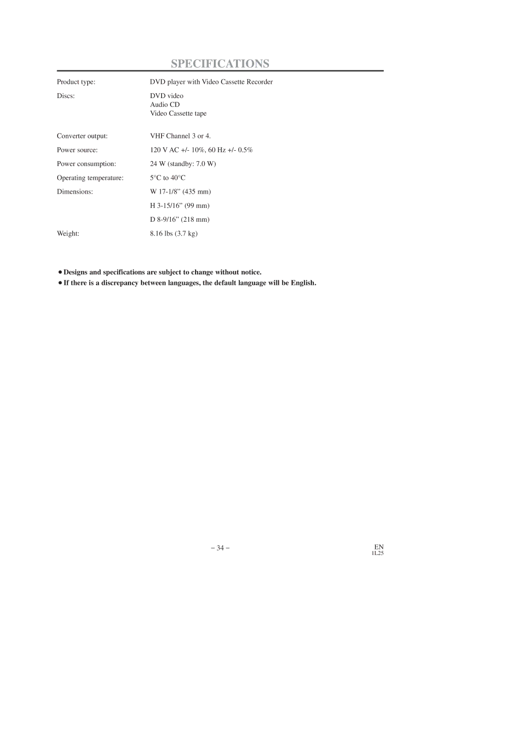 Symphonic SD7S3 owner manual Specifications 