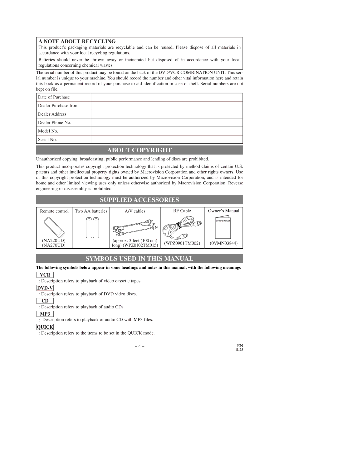 Symphonic SD7S3 owner manual About Copyright, Supplied Accessories, Symbols Used in this Manual 