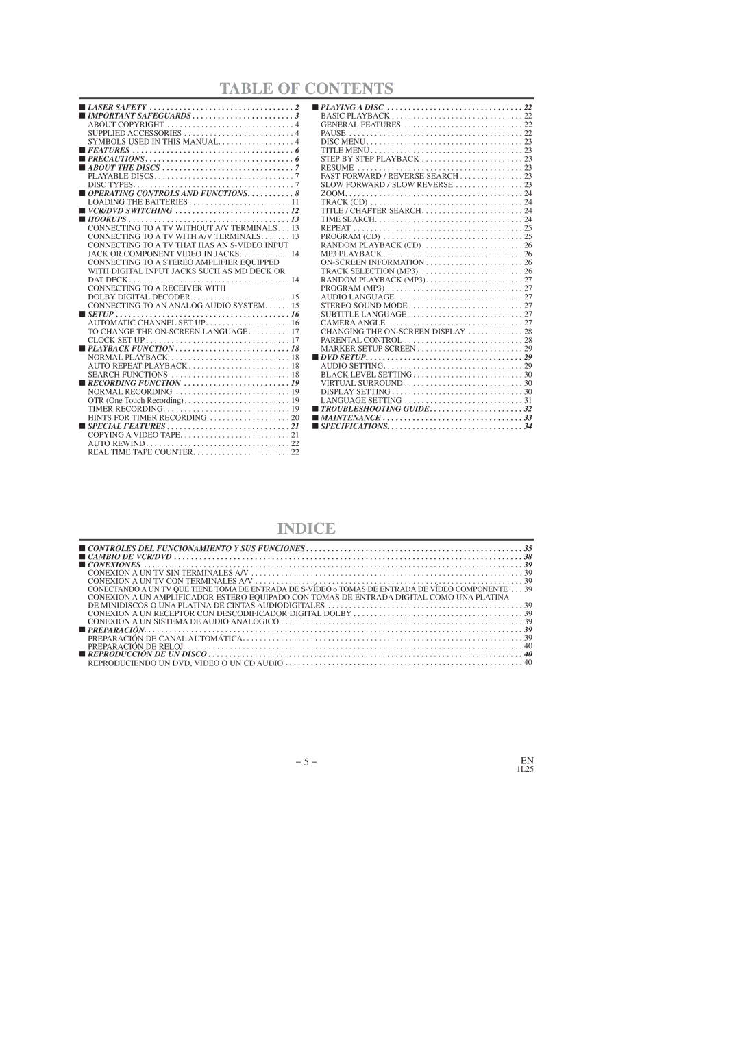 Symphonic SD7S3 owner manual Table of Contents, Indice 