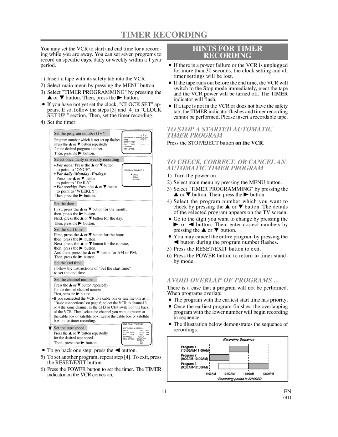 Symphonic SF225B Hints for Timer Recording, To Stop a Started Automatic Timer Program, Avoid Overlap of Programs 