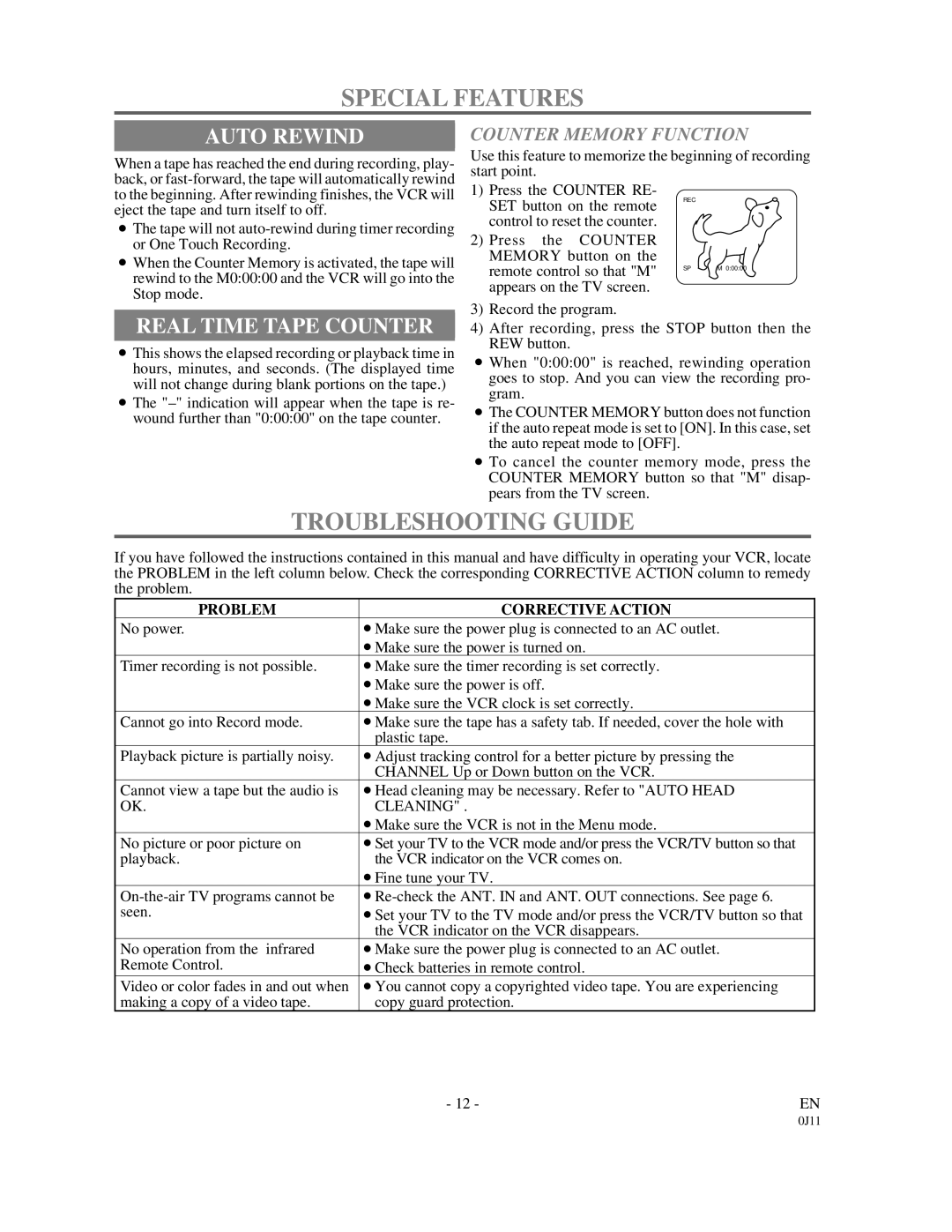 Symphonic SF225B Special Features, Troubleshooting Guide, Auto Rewind, Real Time Tape Counter, Counter Memory Function 