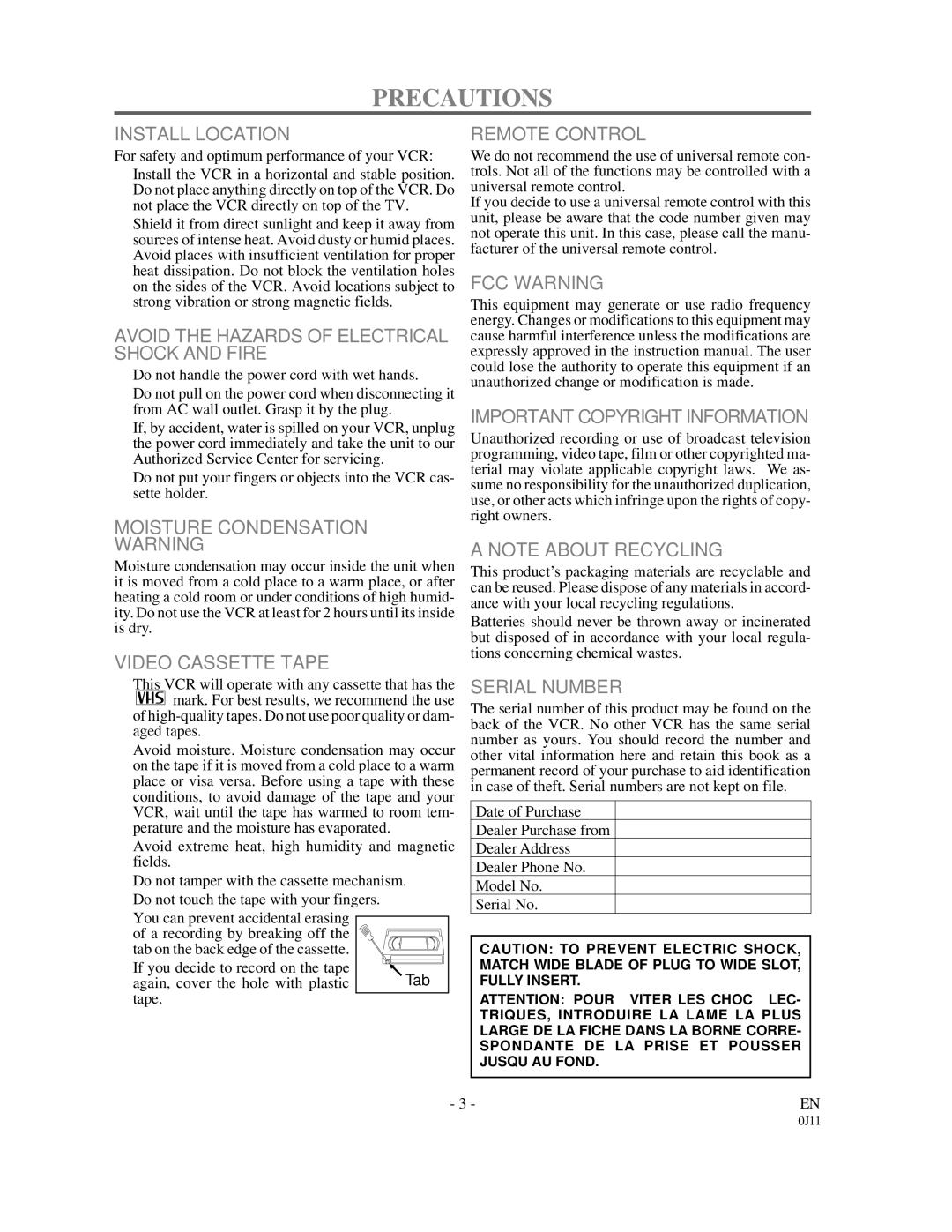 Symphonic SF225B owner manual Precautions 