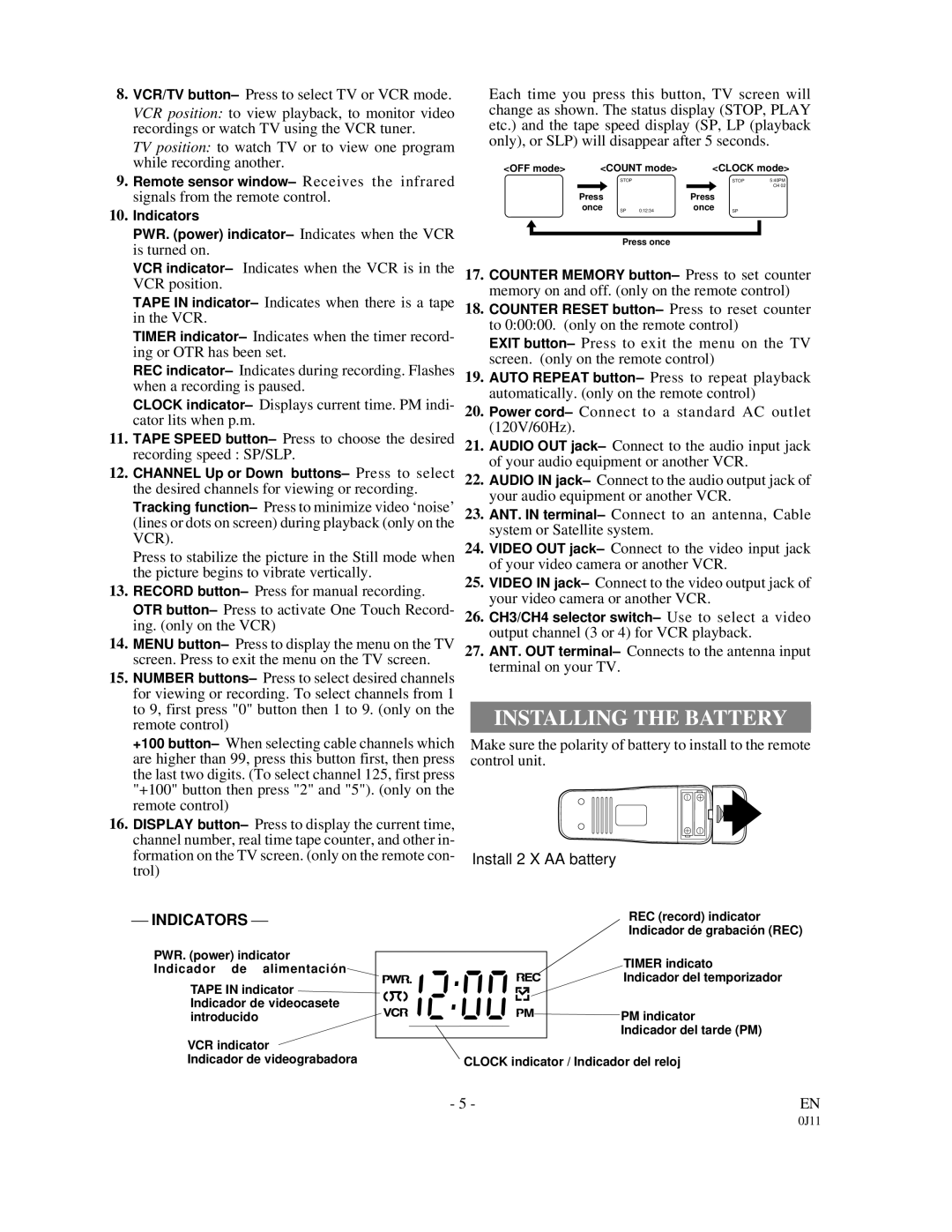 Symphonic SF225B owner manual Installing the Battery,  Indicators  