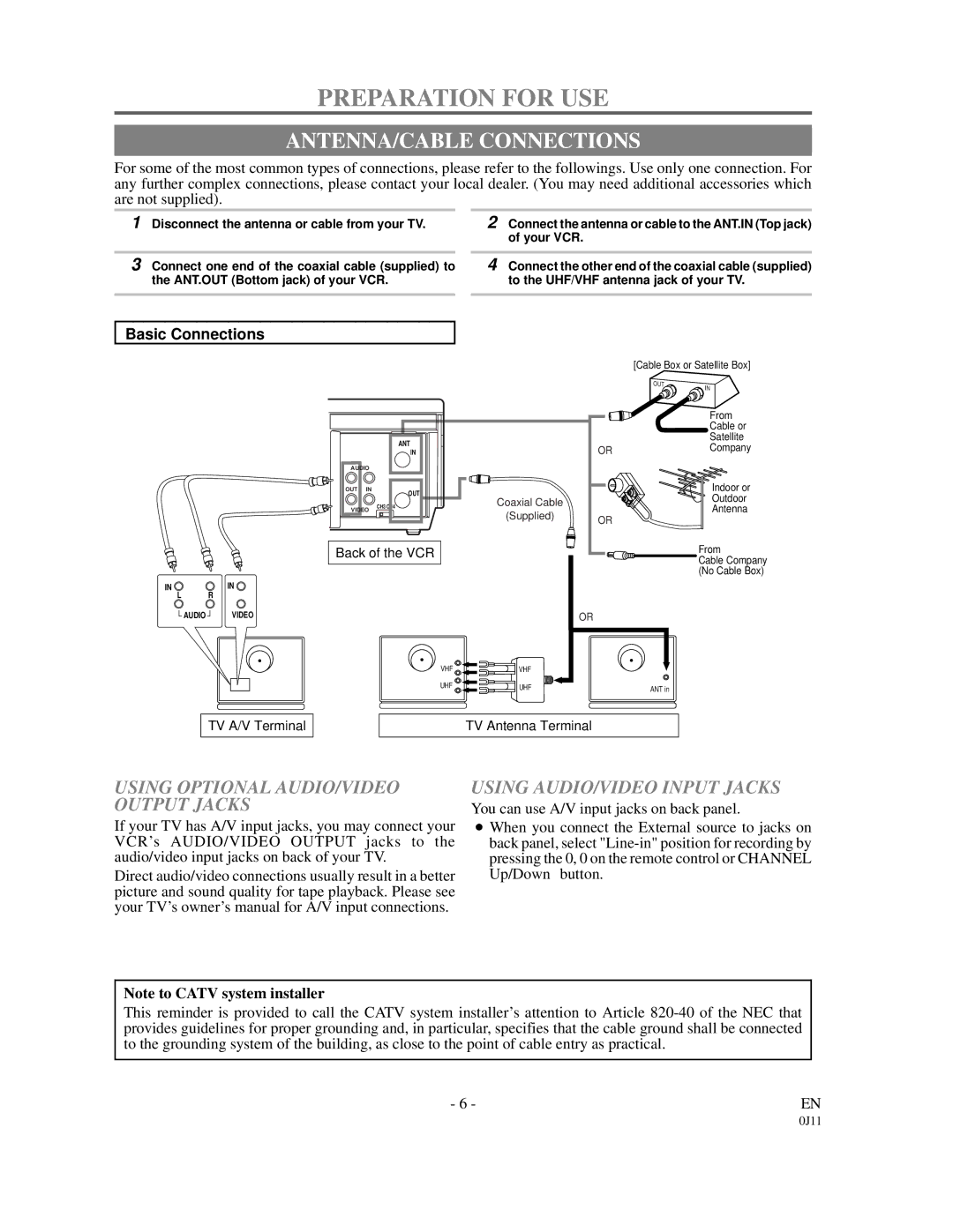 Symphonic SF225B owner manual Preparation for USE, ANTENNA/CABLE Connections, Using Optional AUDIO/VIDEO Output Jacks 