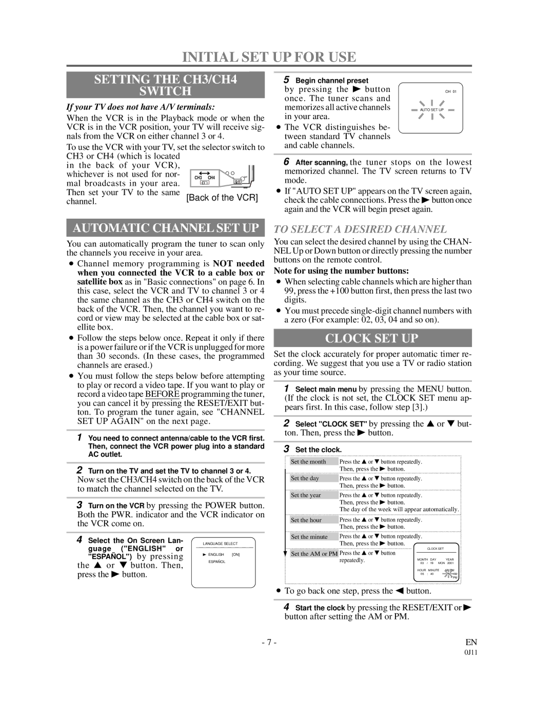 Symphonic SF225B owner manual Initial SET UP for USE, Setting the CH3/CH4 Switch, Automatic Channel SET UP, Clock SET UP 