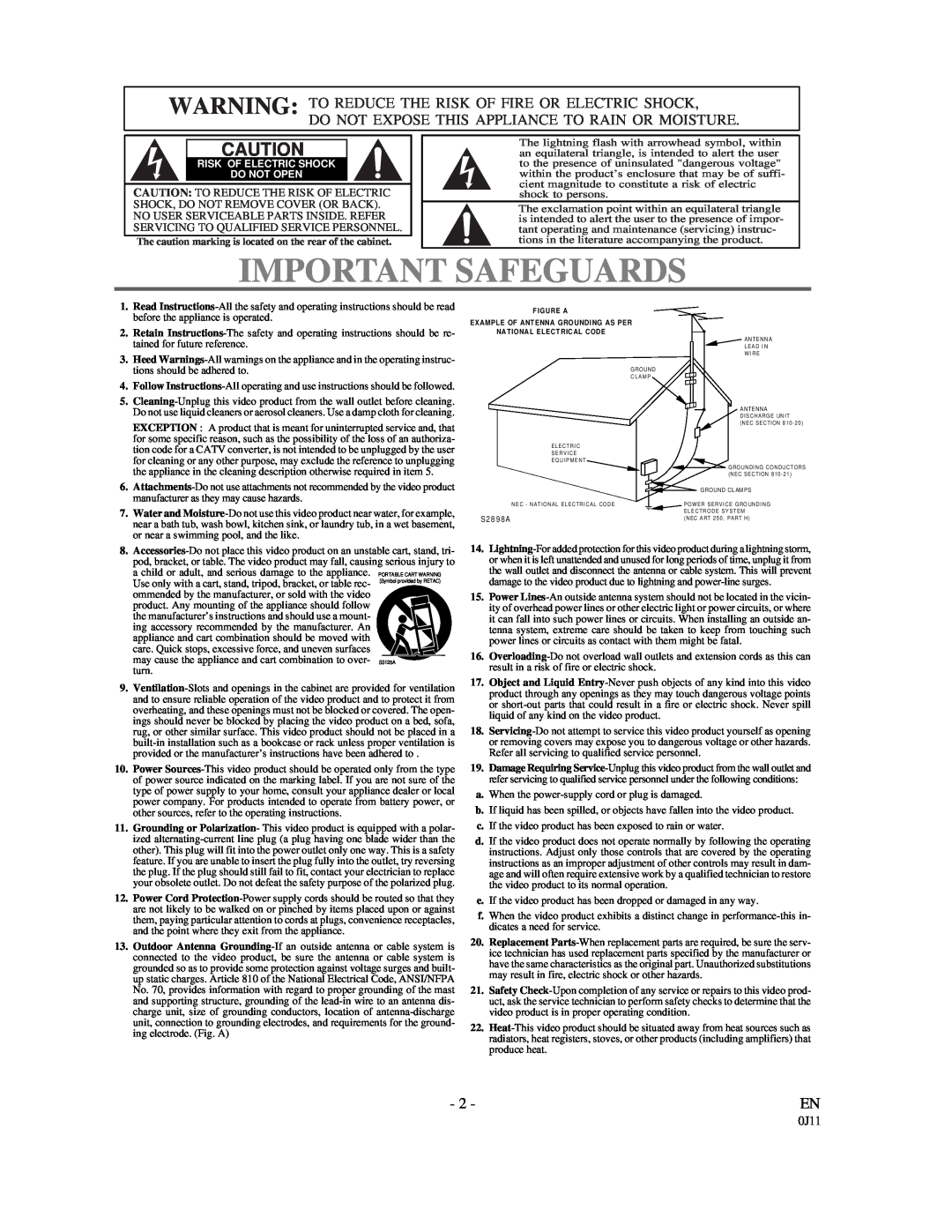 Symphonic SF225B owner manual Important Safeguards, 0J11, Risk Of Electric Shock Do Not Open 