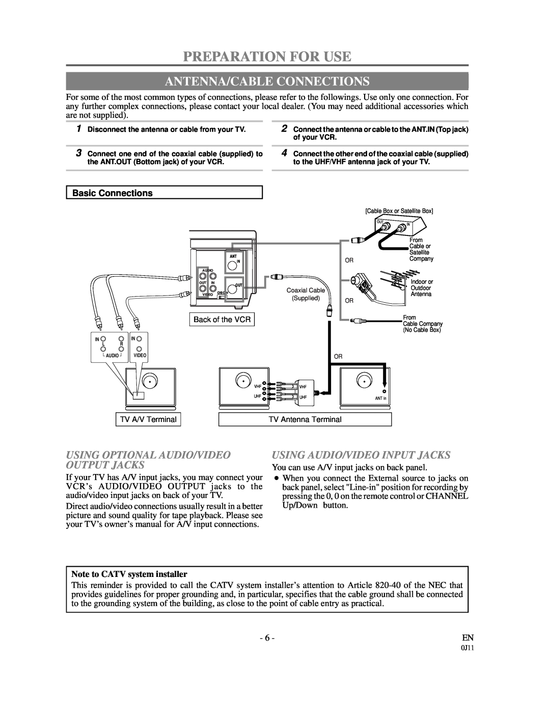 Symphonic SF225B owner manual Preparation For Use, Antenna/Cable Connections, Using Optional Audio/Video Output Jacks 