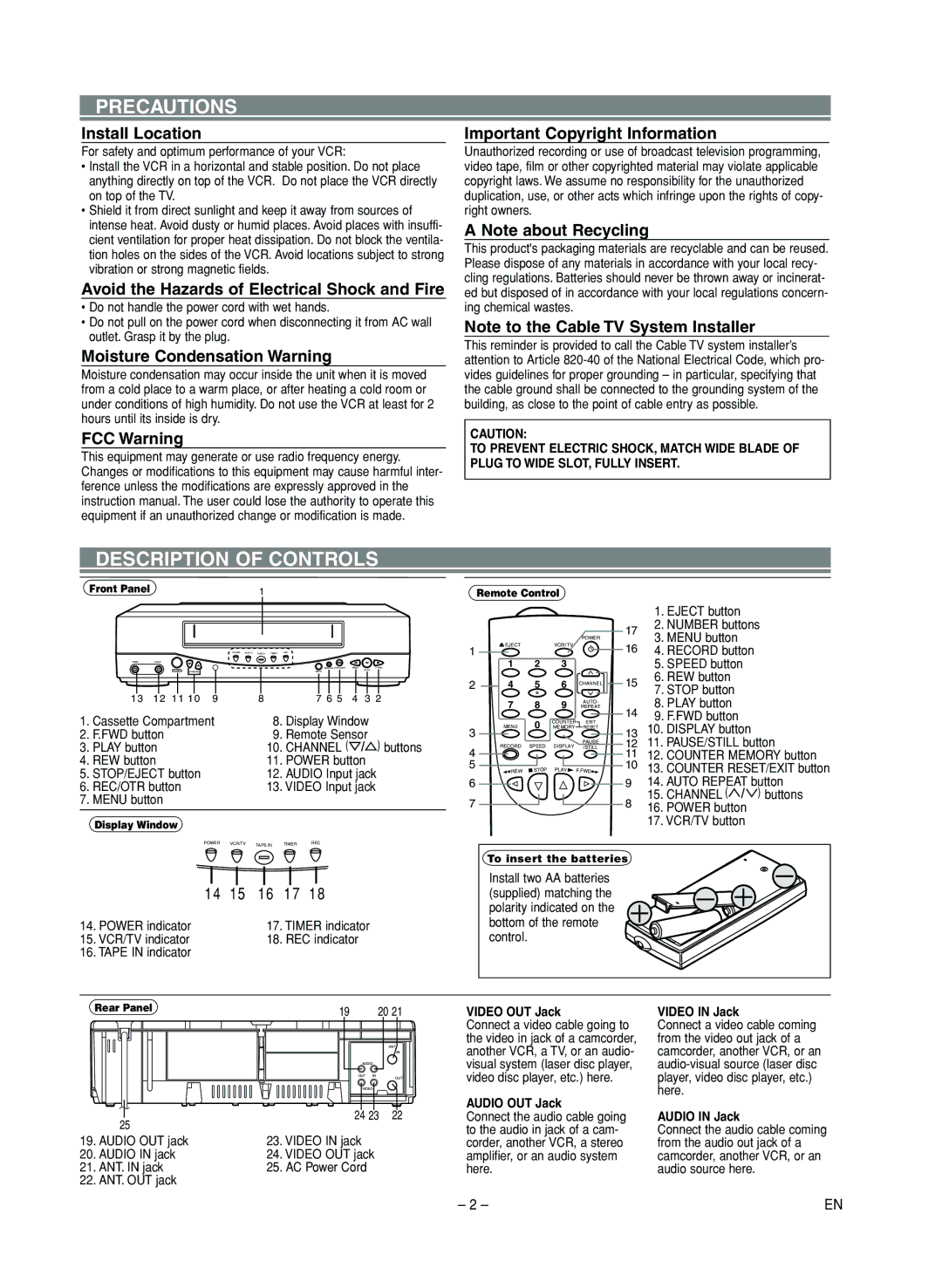 Symphonic SL220D owner manual Precautions, Description of Controls 