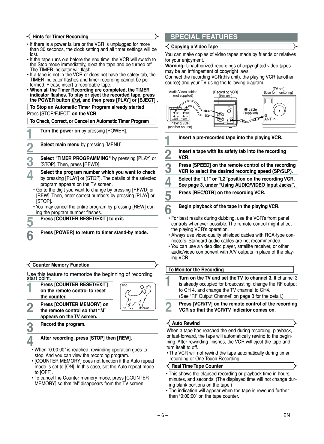 Symphonic SL220D owner manual Special Features, Vcr 