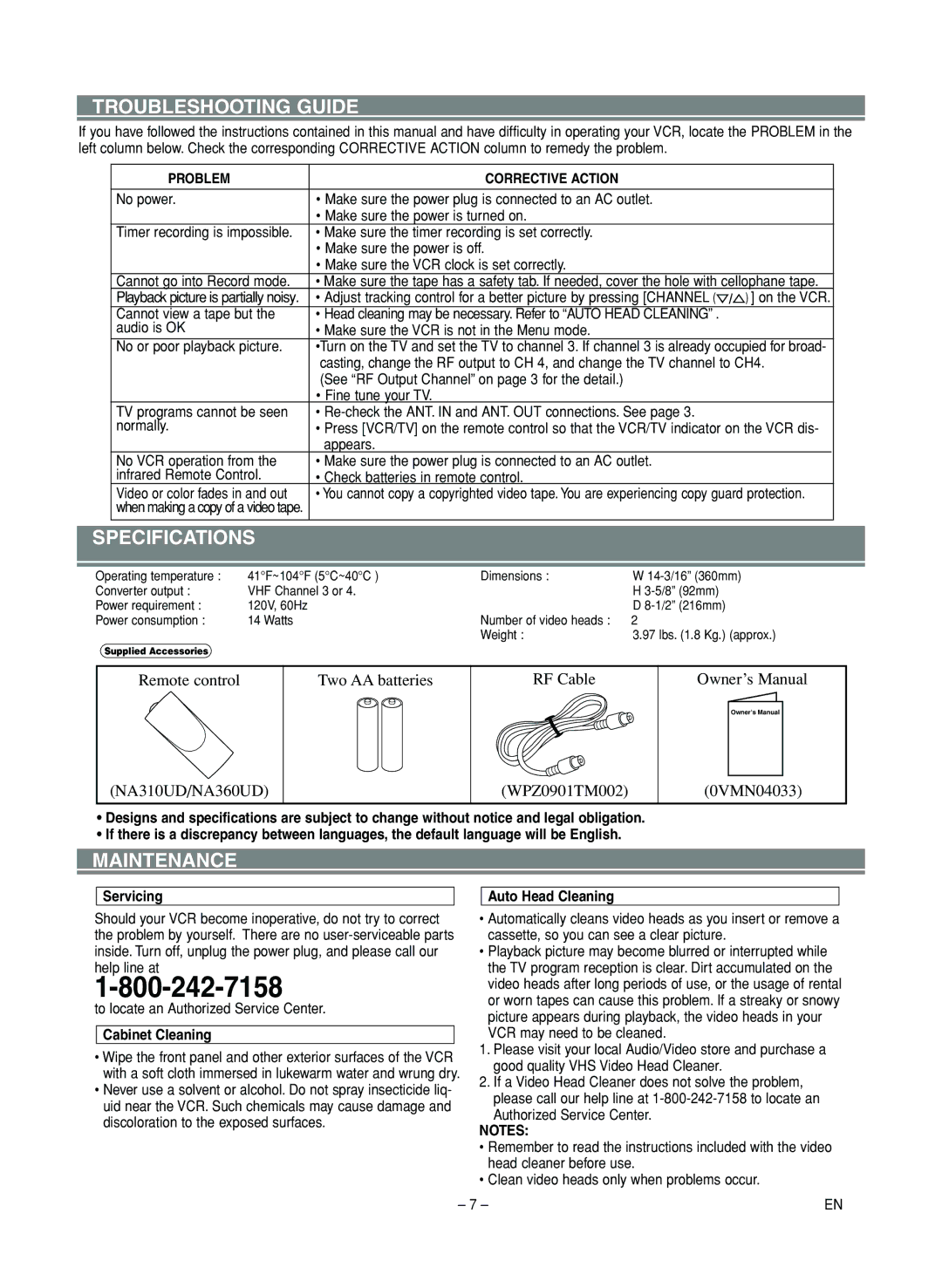 Symphonic SL220D owner manual Troubleshooting Guide, Specifications, Maintenance 