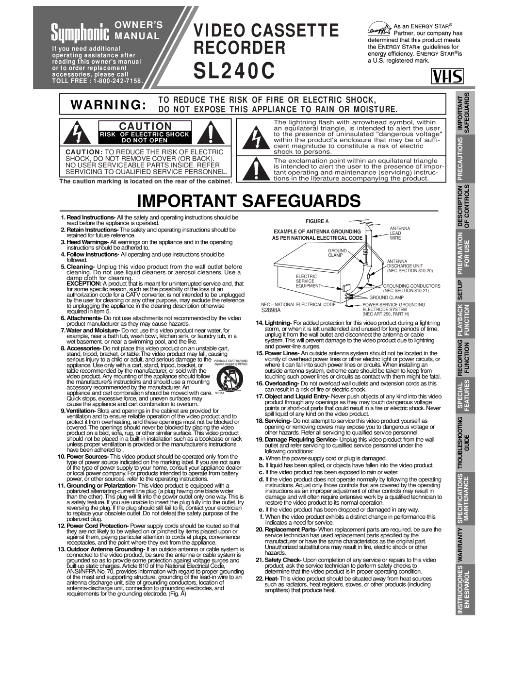 Symphonic SL240C warranty Safeguards, Description Controls 