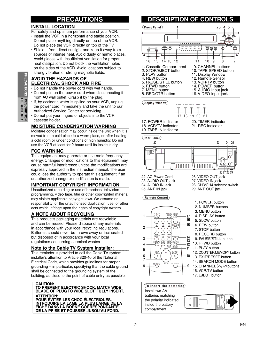 Symphonic SL240C Precautions, Install Location, Avoid the Hazards Electrical Shock and Fire, Moisture Condensation Warning 