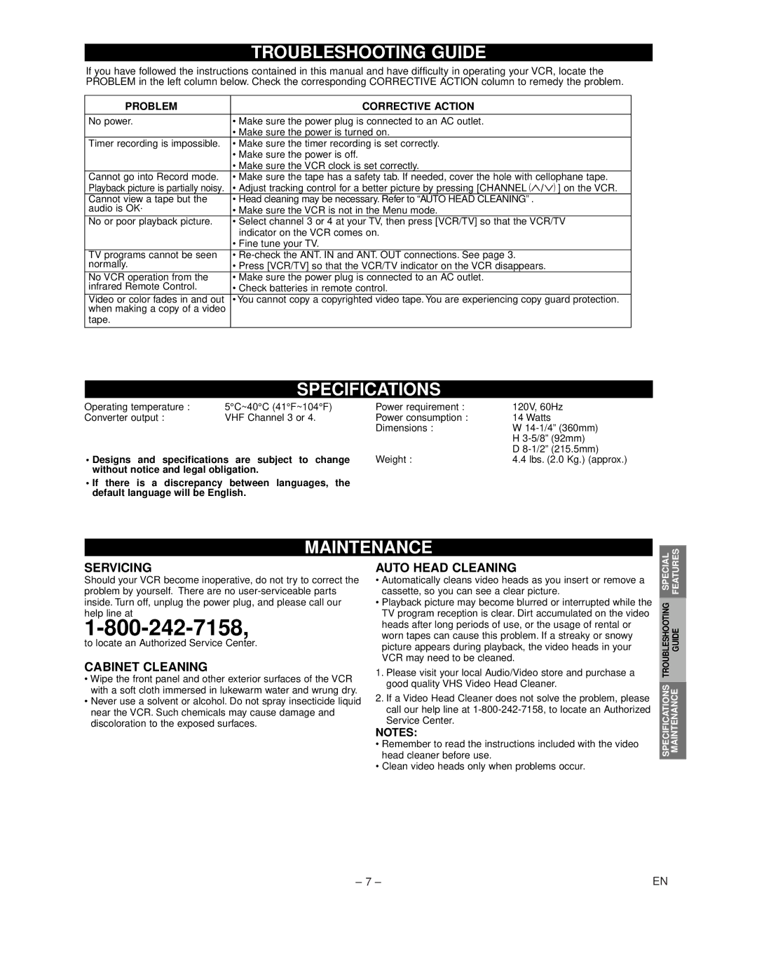 Symphonic SL240C warranty Troubleshooting Guide, Specifications, Maintenance 