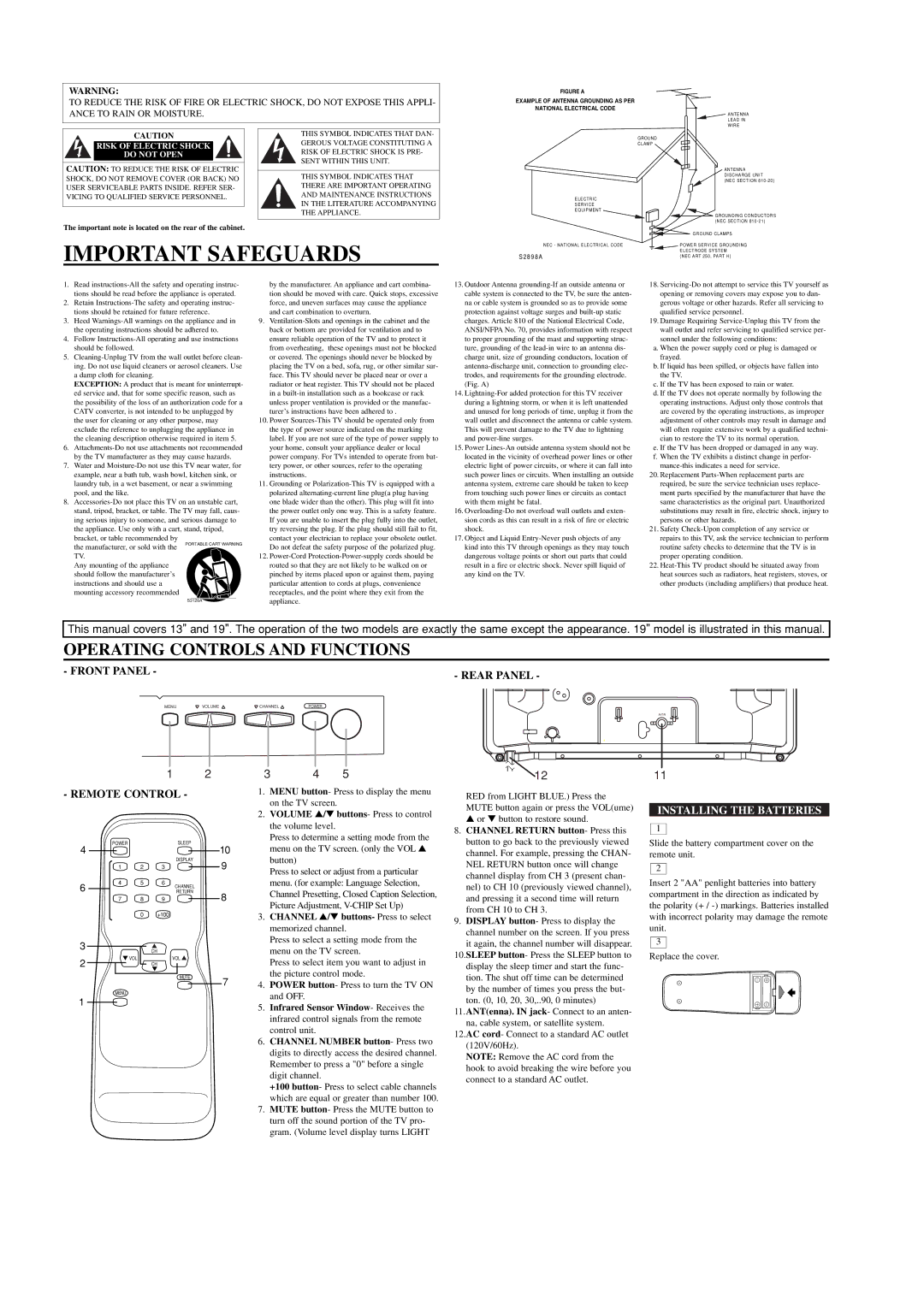 Symphonic ST413B, ST419B owner manual Operating Controls and Functions, Front Panel Rear Panel, Remote Control 