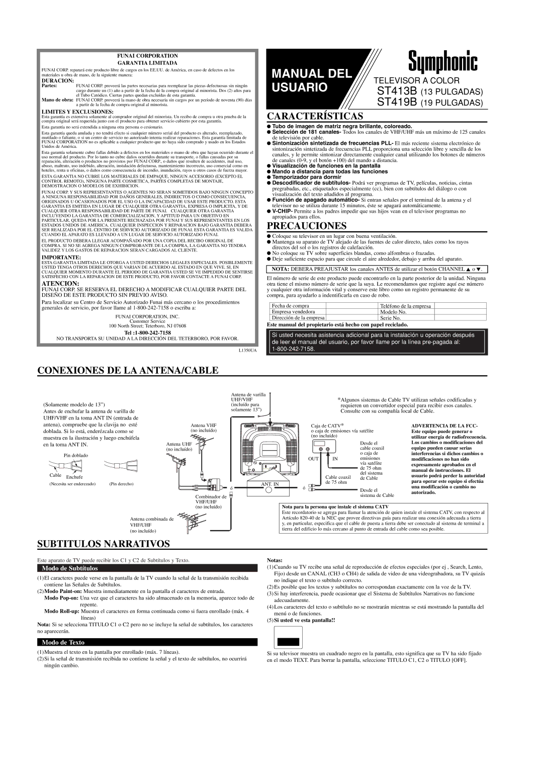 Symphonic ST413B, ST419B Características, Precauciones, Conexiones DE LA ANTENA/CABLE, Subtitulos Narrativos, Atencion 