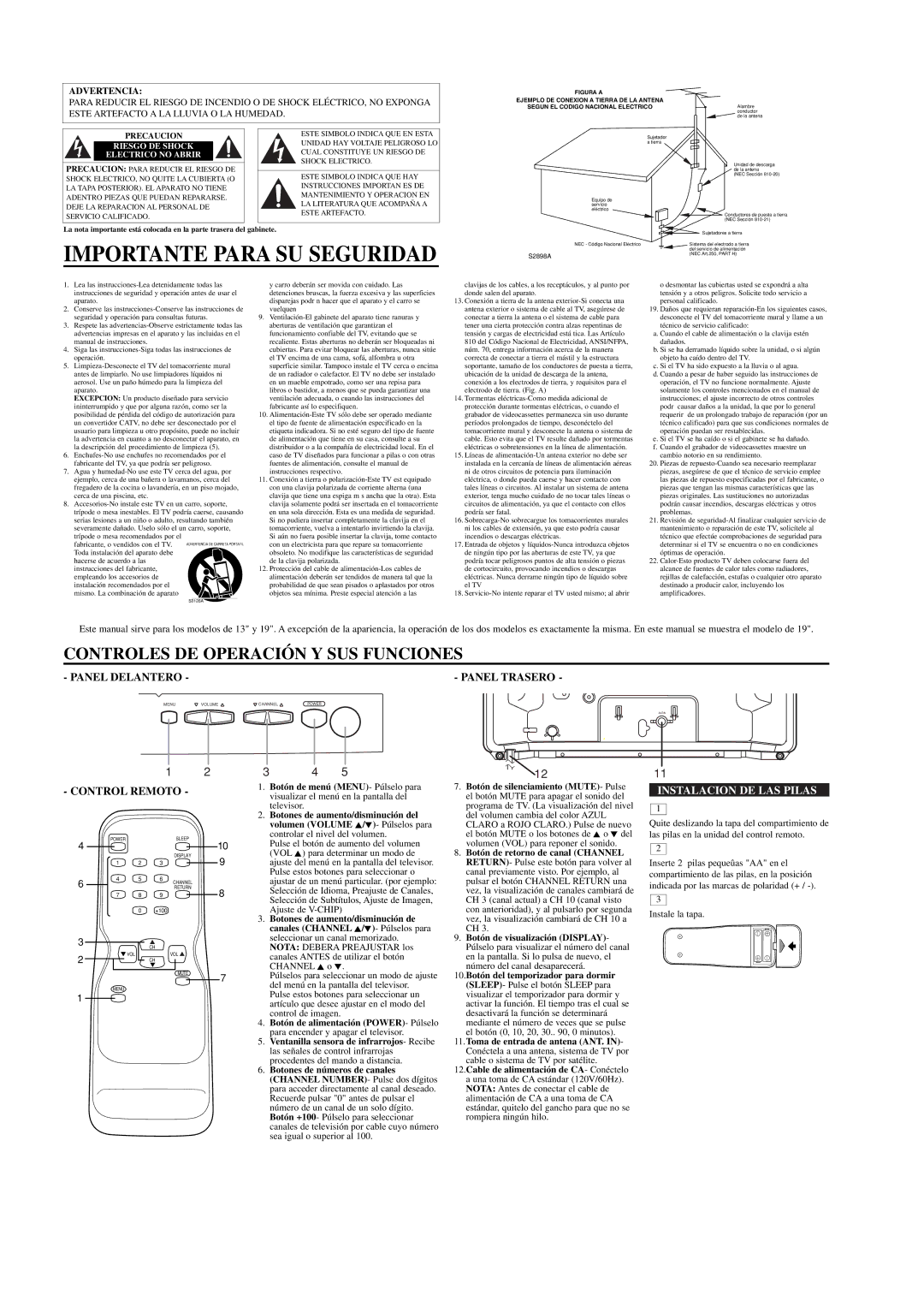 Symphonic ST413B, ST419B owner manual Instalacion DE LAS Pilas, Advertencia, Riesgo DE Shock, Electrico no Abrir 