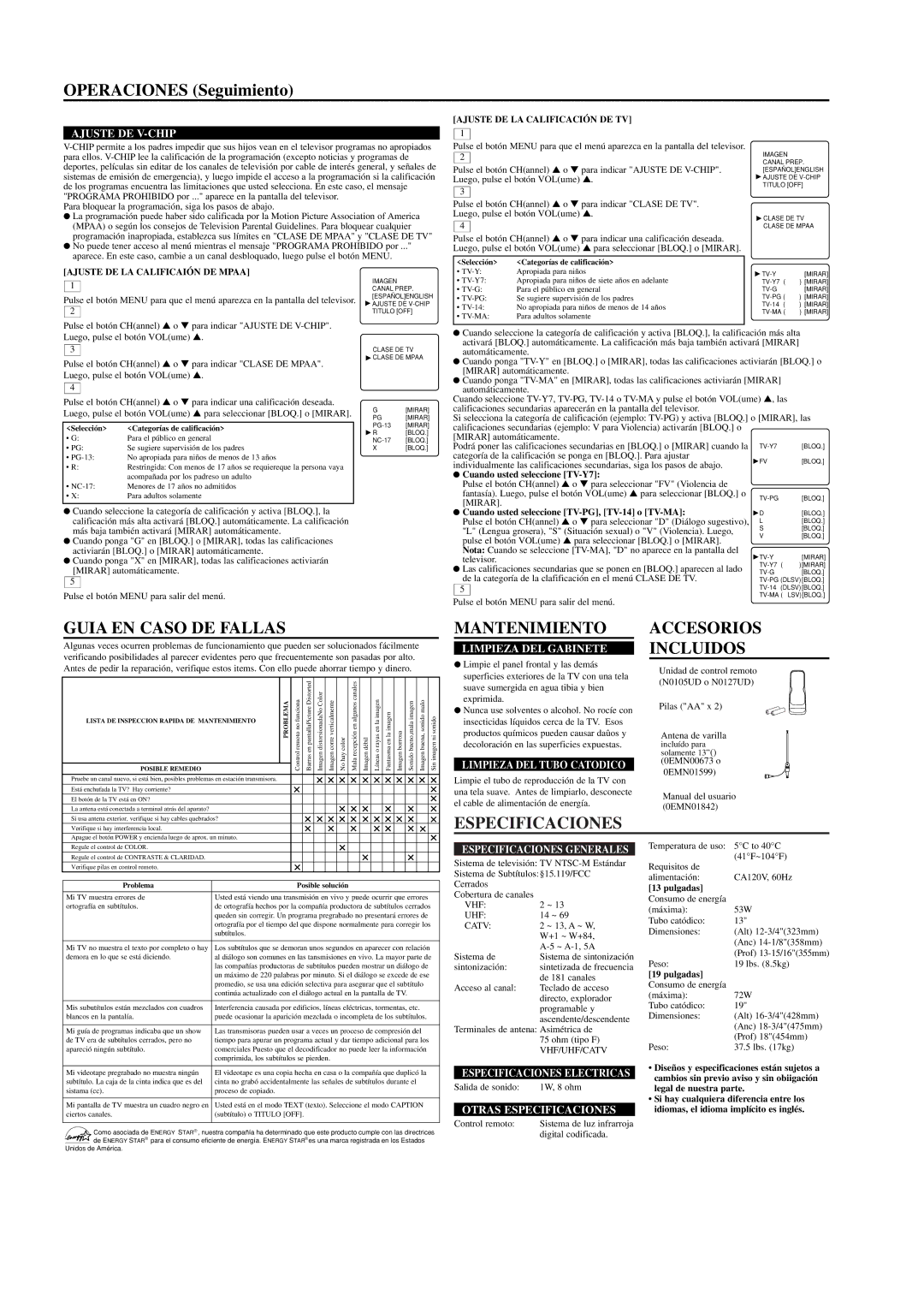 Symphonic ST413B, ST419B owner manual Operaciones Seguimiento, Guia EN Caso DE Fallas, Mantenimiento, Accesorios Incluidos 