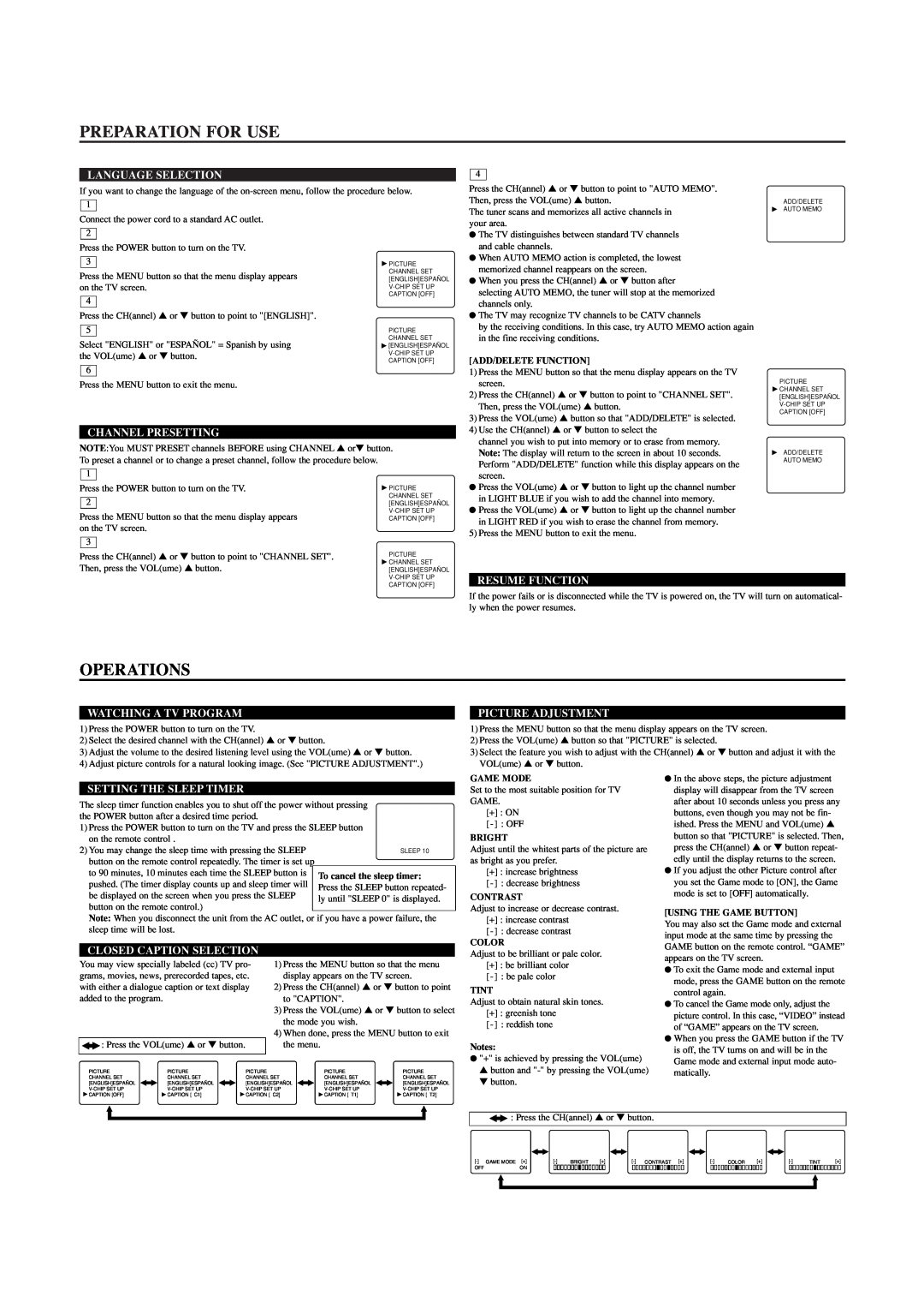 Symphonic ST413C, ST419C Preparation For Use, Operations, Language Selection, Channel Presetting, Resume Function, Bright 