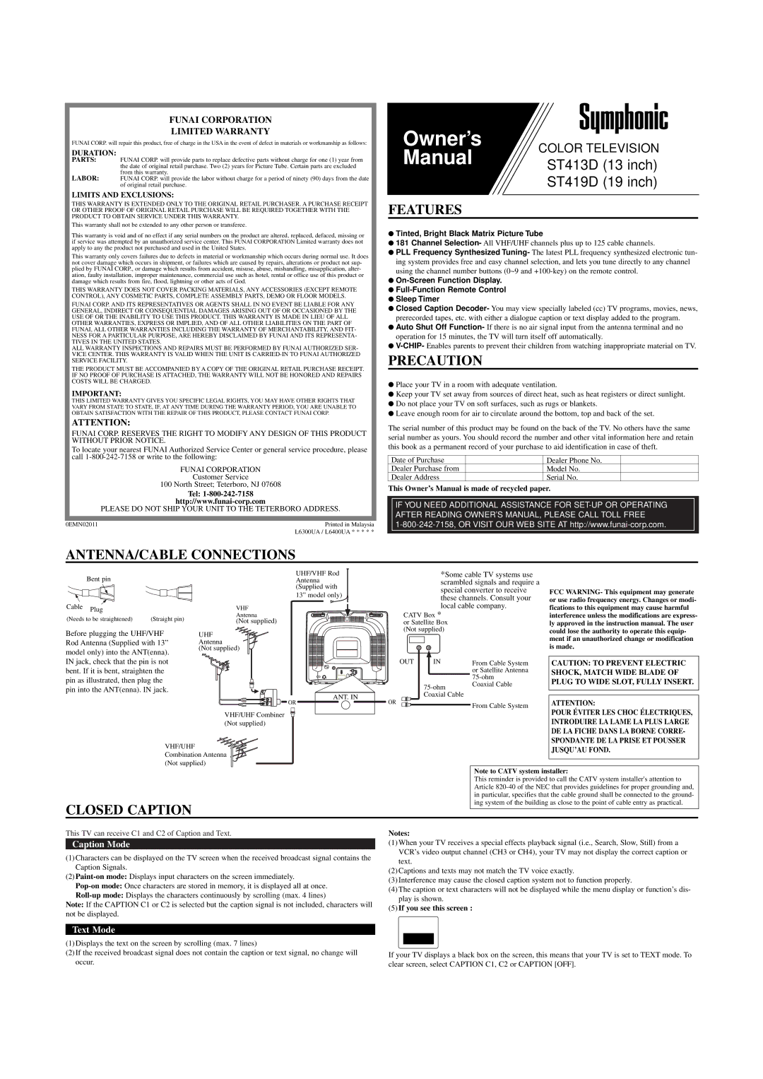 Symphonic ST413D, ST419D owner manual Features, Precaution, ANTENNA/CABLE Connections, Closed Caption 