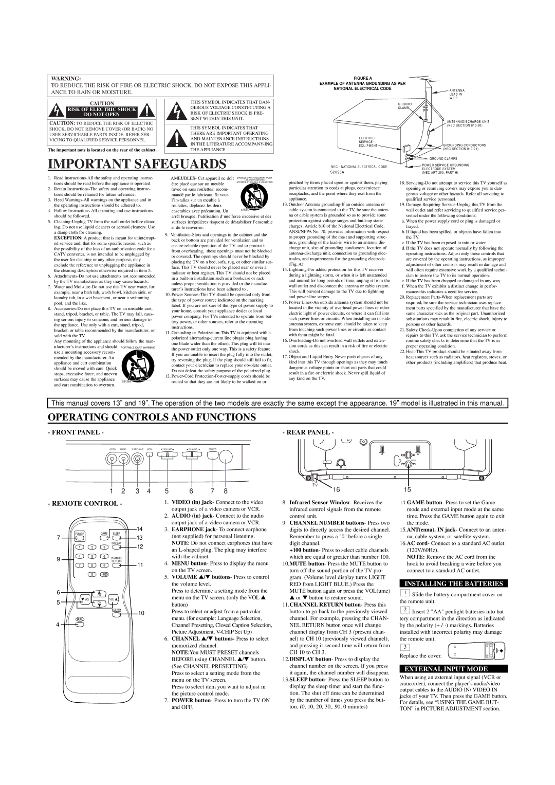 Symphonic ST413D, ST419D owner manual Operating Controls and Functions, Installing the Batteries, External Input Mode 