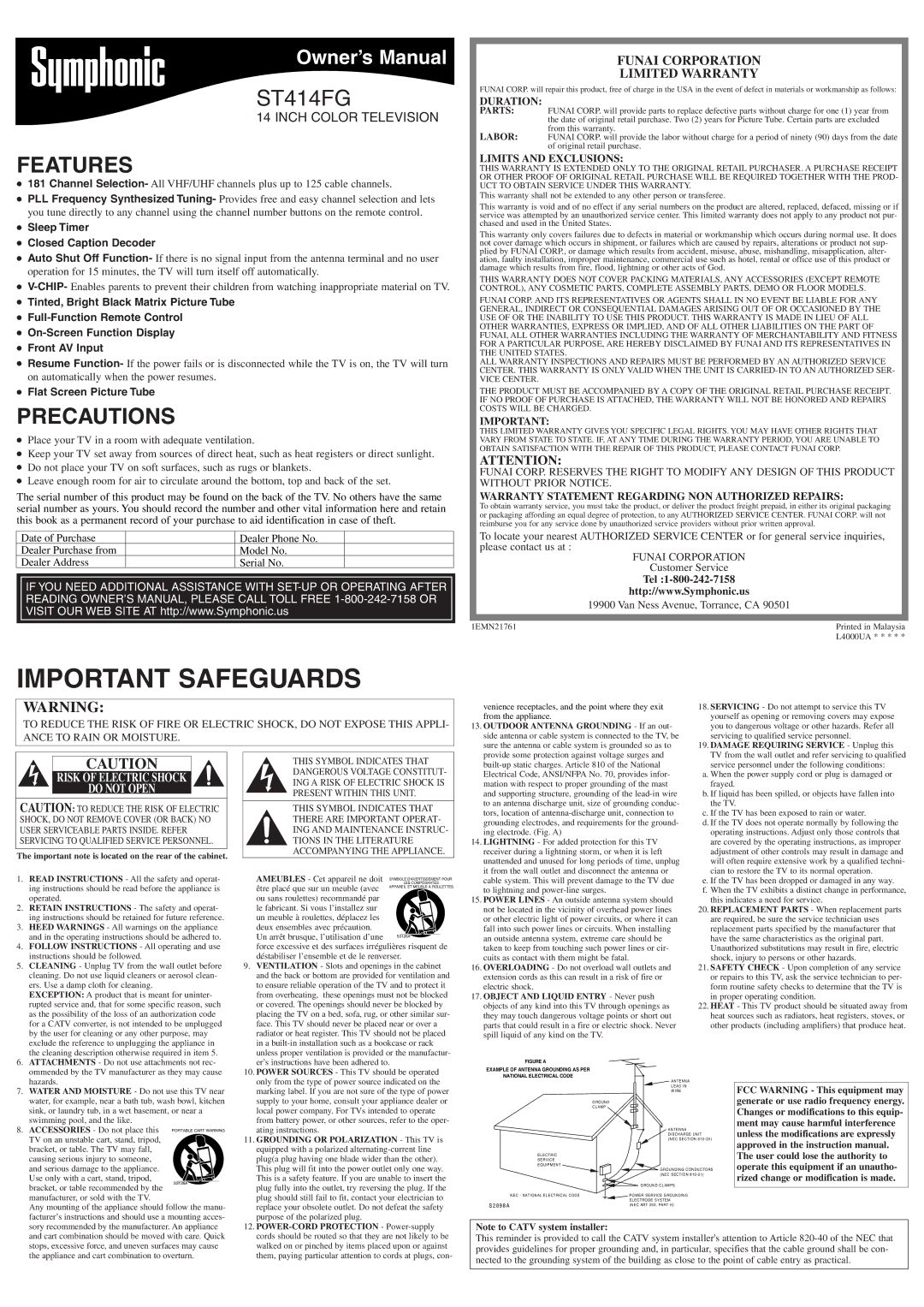 Symphonic ST414FG owner manual Features, Precautions, Funai Corporation Limited Warranty, Flat Screen Picture Tube 