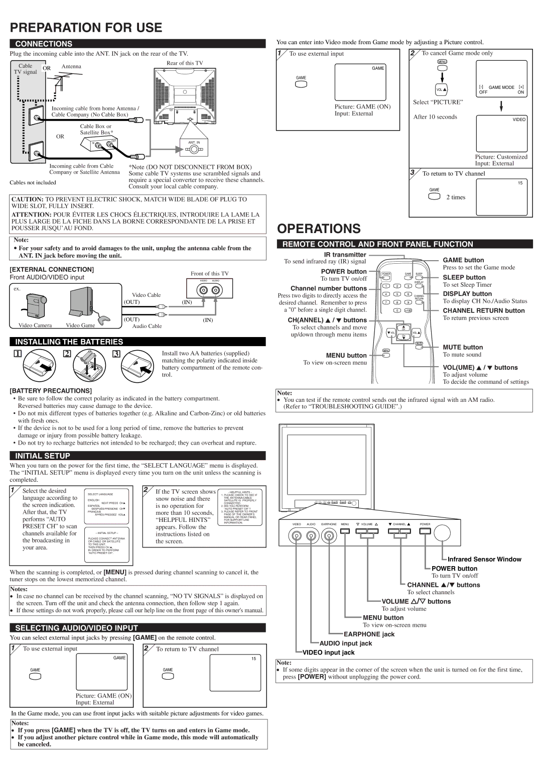 Symphonic ST414FG owner manual Preparation for USE, Operations 