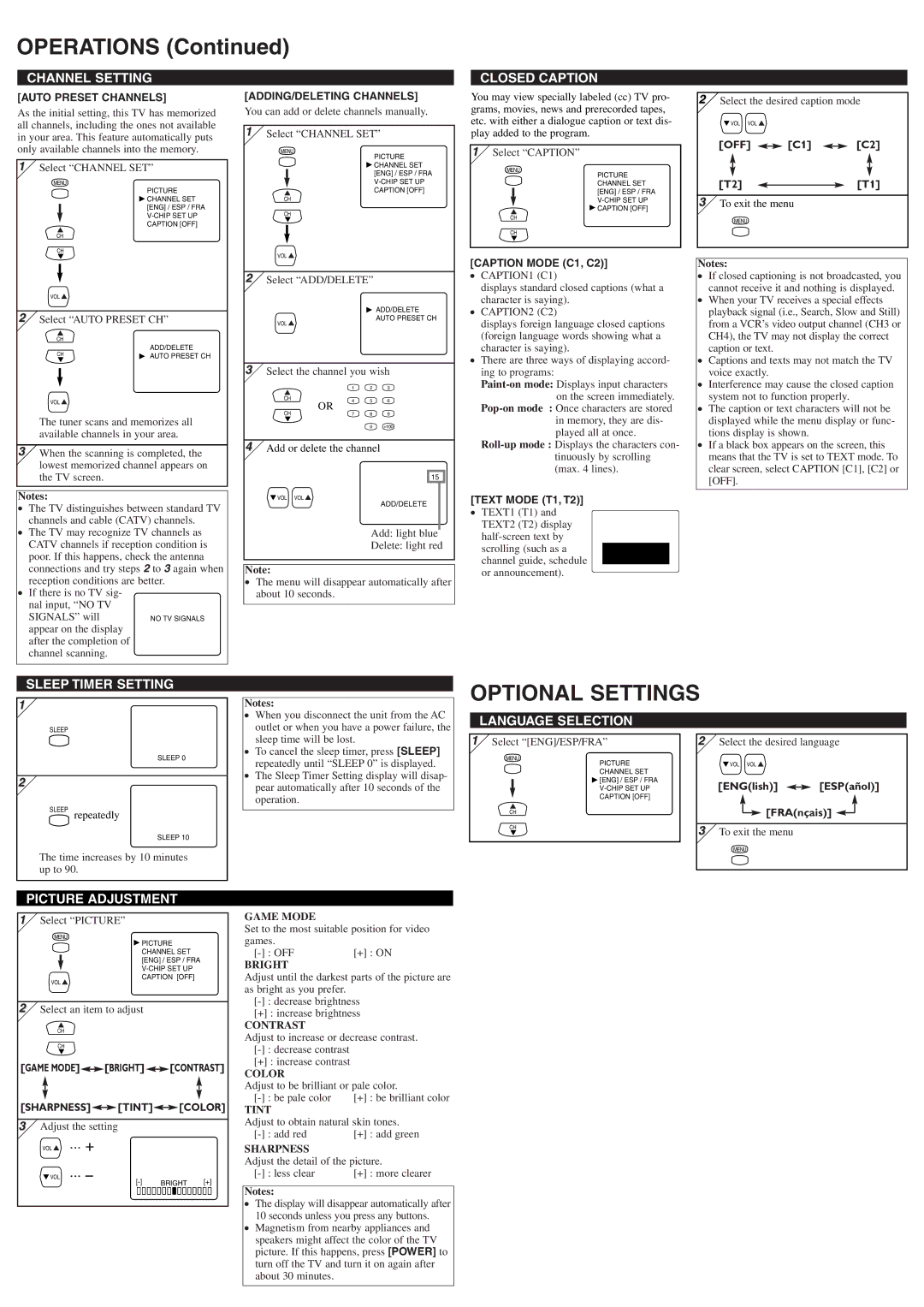 Symphonic ST414FG owner manual Operations, Optional Settings 