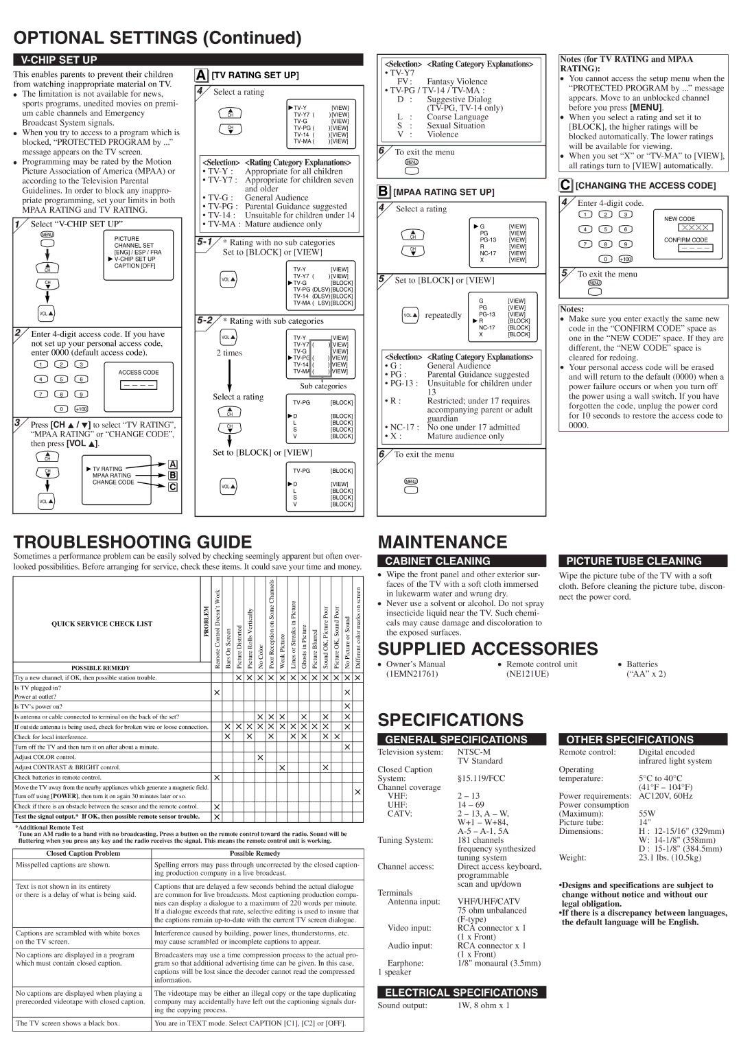 Symphonic ST414FG owner manual Optional Settings, Troubleshooting Guide, Maintenance, Supplied Accessories, Specifications 