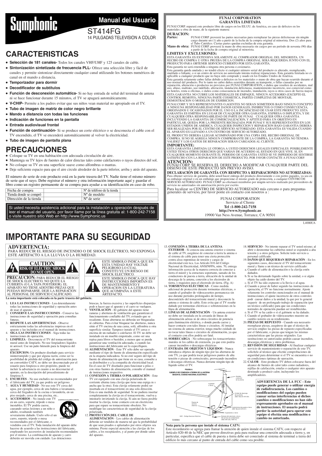 Symphonic ST414FG Caracteristicas, Precauciones, Atencion, Temporizador para dormir Decodificador de subtítulos 