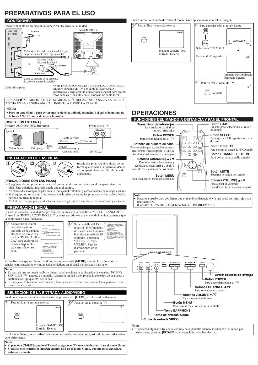 Symphonic ST414FG owner manual Preparativos Para EL USO, Operaciones 