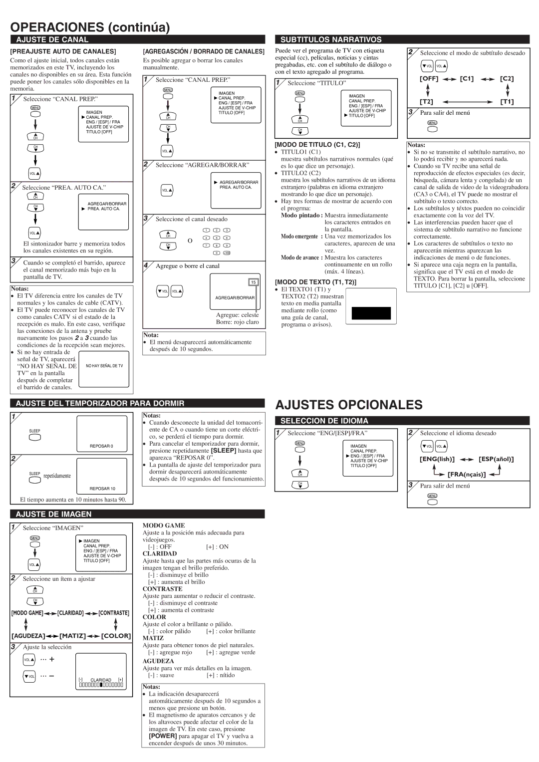 Symphonic ST414FG owner manual Operaciones continúa, Ajustes Opcionales 