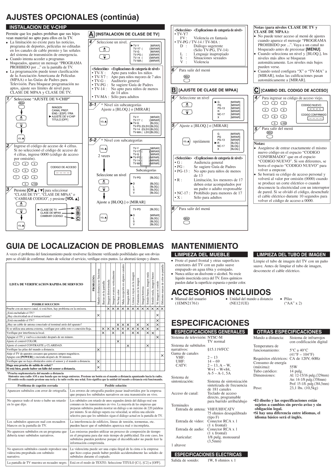 Symphonic ST414FG owner manual Ajustes Opcionales continúa, Mantenimiento, Accesorios Incluidos, Especificaciones 