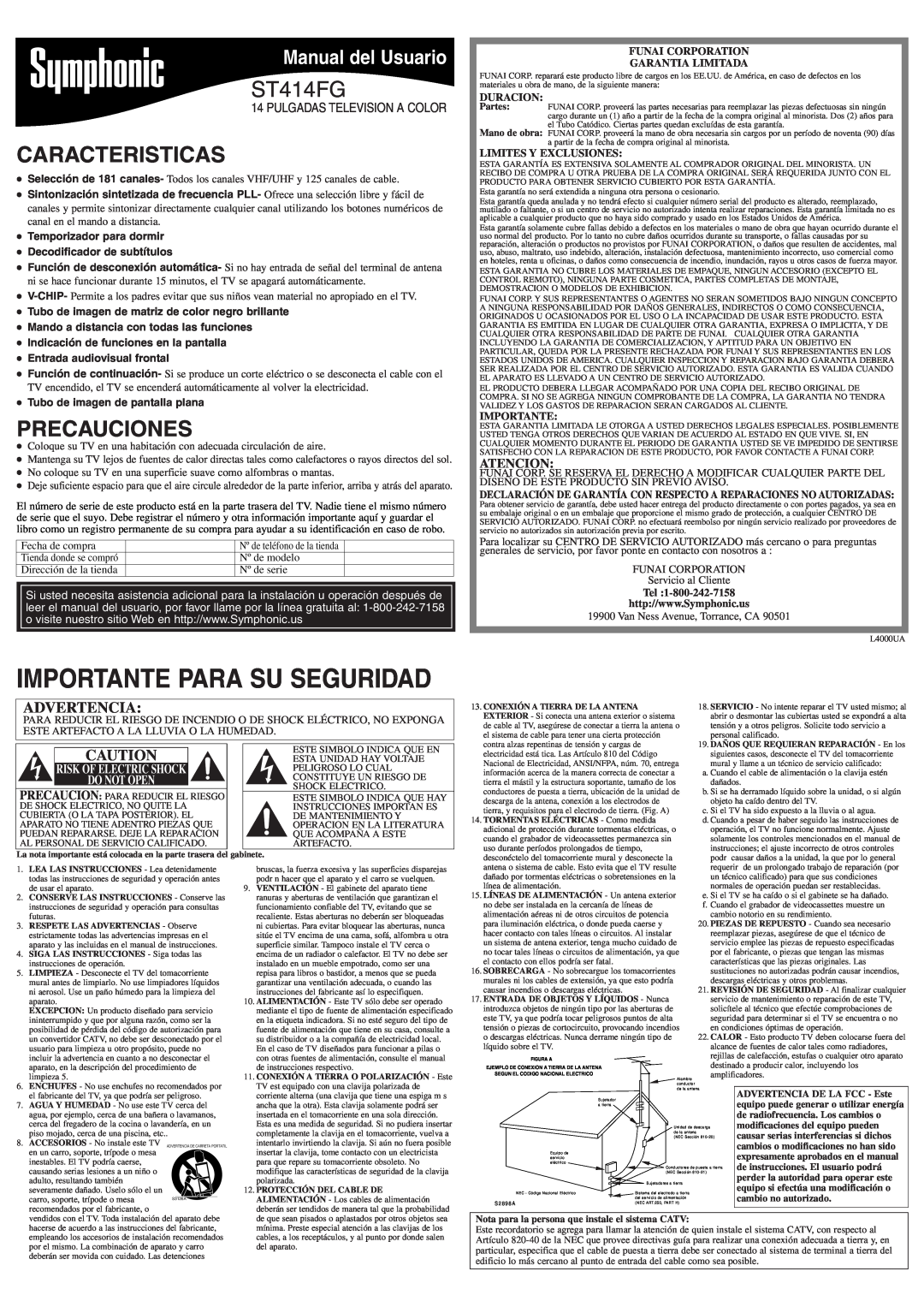 Symphonic ST414FG Caracteristicas, Precauciones, Manual del Usuario, Atencion, Funai Corporation Garantia Limitada 