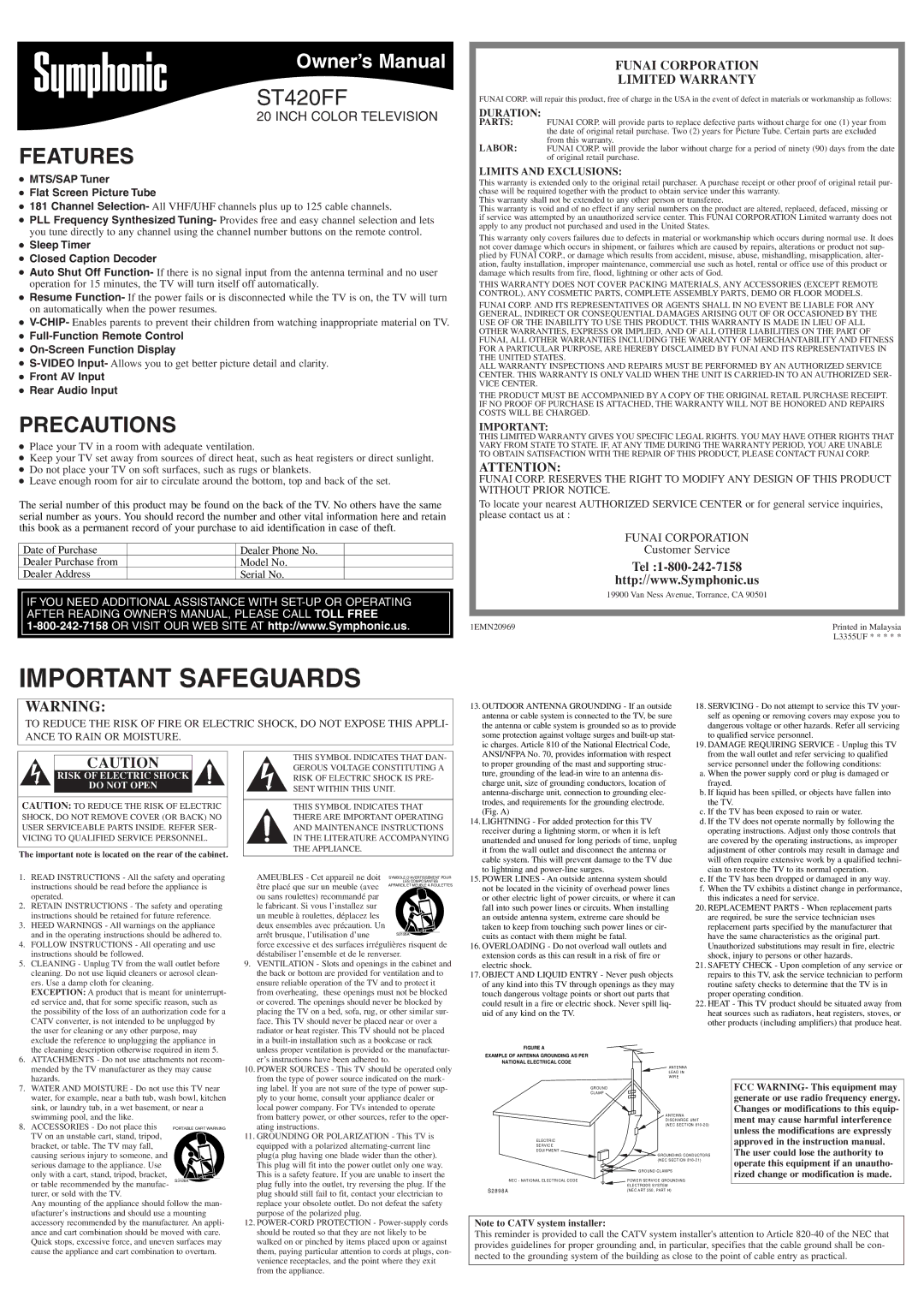 Symphonic ST420FF owner manual Features, Precautions, Funai Corporation Limited Warranty 