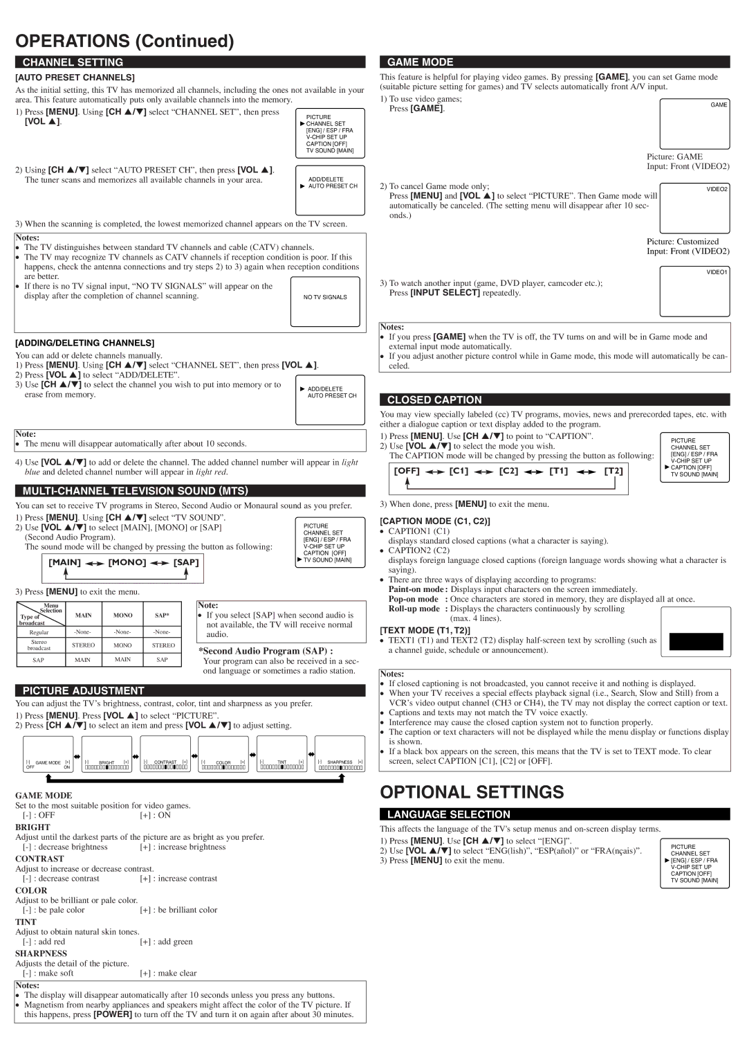 Symphonic ST420FF owner manual Operations, Optional Settings 